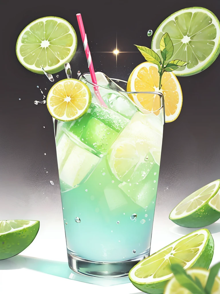 a cute little naked flat-chested fairy floating inside a fizzy glass of lemon-lime soda
