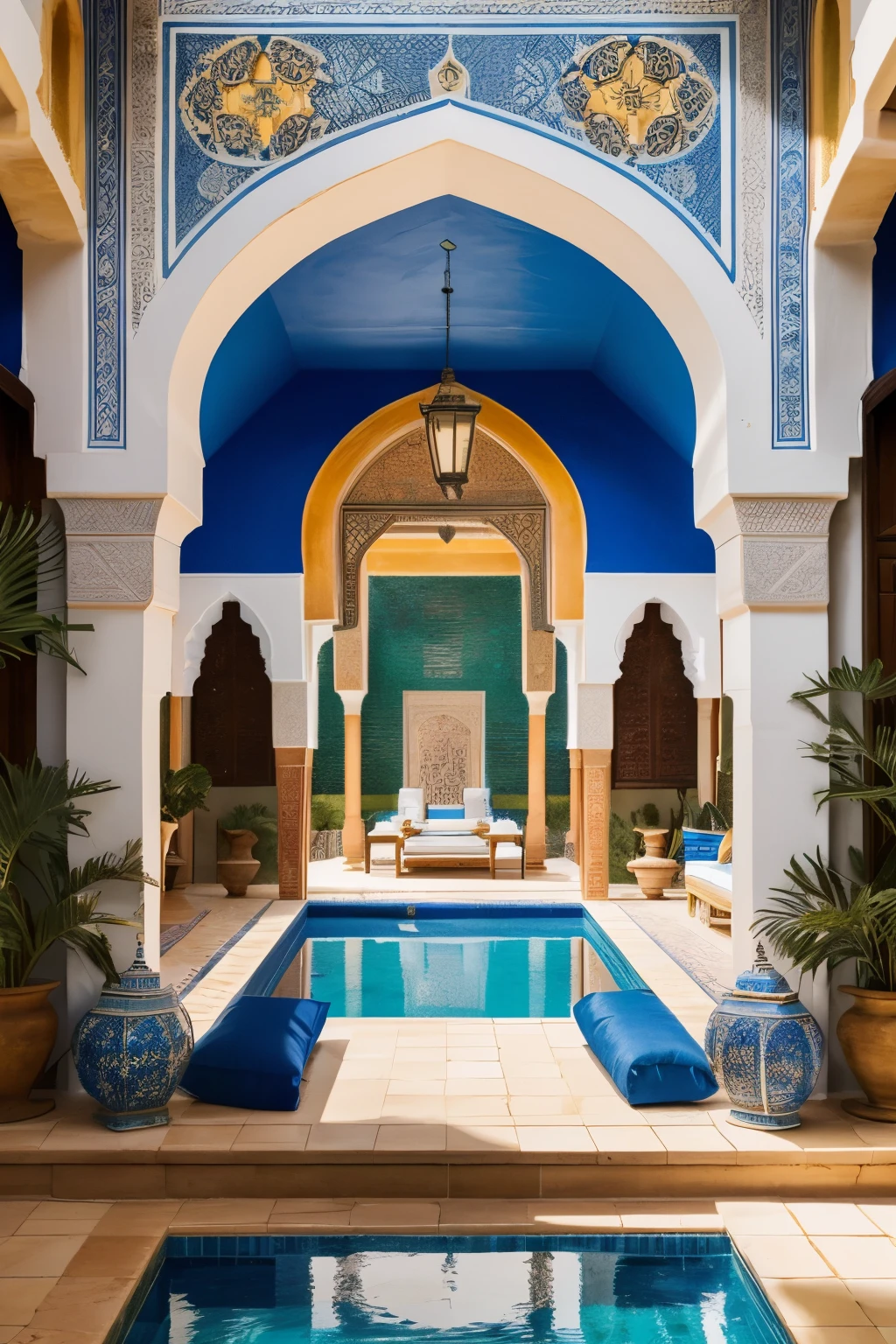 A villa designed in Moroccan style, showcasing exquisite photorealism. The intricate detailing on the brick walls, adorned with traditional blue and white patterns, shines under the warm, golden sun. The lush, green palms in the courtyard add a sense of tranquility, with their leaves casting dappled shadows on the smooth, terrazzo floor. The arched doorways, adorned with intricate lateral carvings, frame the scenes of the lush garden and azure swimming pool. The vibrant colors and textures of the Moroccan rugs and cushions pop against the neutral tones of the villa's walls. The
