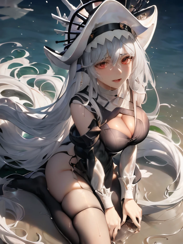 (((highest quality))), (((table top))), (super detailed:1.3), (High resolution), wonderful, Complex, figure, (types of bacteria:1.2), (((Highly detailed wallpaper 4kCG unity))), official art, original,
sunlight, (high contrast:1.2), cinematic lighting, (非常に詳細in美しい:1.33),(大きな丸い赤いeye:1.2), V shape_Eyebrow, length white eyelashes, (enchanting laughter), ([opal:1.9|Slope_hair:1.3]:1.2), (hair dripping:1.25), (Detailed super oily shiny skin:1.2), (skin dents:1.2), ([Wet:0.8|Mukoi]), armpit, (delicate hands and fingers:0.9), backless, (pleats:1.2), cross_necklace, (white [school open back plunge shirt:0.3]:1.3), (innerboob cutout:1.2), (inguinal cutout), No panties,no shoes,(Wet) Clothes,(Wet) thighs thighs thighs,Her hair is styled in pigtails, 特大の弓in飾られた,ghost \(arknights\),1 girl, 前hair, just_shoulder, big breasts:1.5, separated_dispel, hair_between_eye, length_hair, look up_in_viewer, (Silver hair:1.3), 一人in, very_length_hair, white_hat,(NSFW:1.0)(Wet_Clothes:1.3),(woman :1.2),流body中 ,vapor,(blush,sound_effect,convulsions,trembling,trembling,swaying chest,Untidy hair,steaming_body:1.1) ,(looking at the viewer:1.2),Seduce,sexy,crazy,evil,,whole body, (妖怪Clothes:2),((beach)),