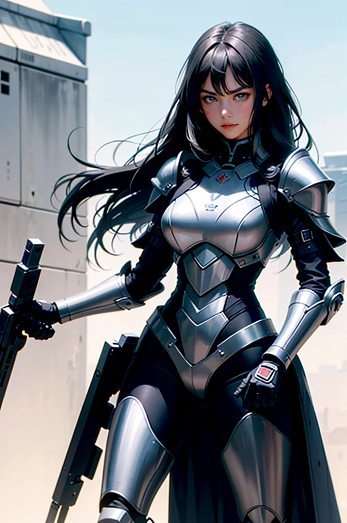 Incredibly ridiculous face, silky long black hair, pure black long hair (obvious), domineering female attack, indifferent and emotionless expression, hair color is black, black hair, woman wearing black nano armor, full of mecha sense, full of science and technology, mecha chest has a dark red miniature nuclear reactor, cool armor, armor lines are clearly visible, armor metal is strong, realistic and natural picture quality, special forces, nano armor wrapped in the whole body, beyond 8K picture quality, extremely high clarity 1girl, adult women, adult female figure, long legs, extremely high rendering effect, 2D painting style, realistic photo photos, snow-white skin, royal sister style, big sister, indifferent expression, serious face, conservative tight dressing, angular, classical beauty