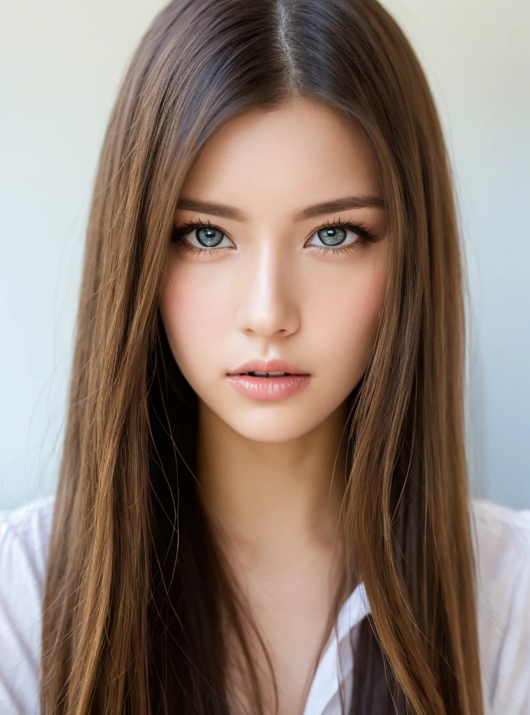 Bangs falling in front of both eyes、Very beautiful Eastern European 18 year old Caucasian beautiful girl、white and young beautiful skin、sexyでとても美しい美貌、Very cute face with ultimate beauty、super long platinum blonde hair、Sleek super long straight hair、blue eyes、Big eyes with shining transparency、double eyelid、eyeliner、School uniform taken off、White underwear fully visible、Grown bust、underwear taken off、sexy