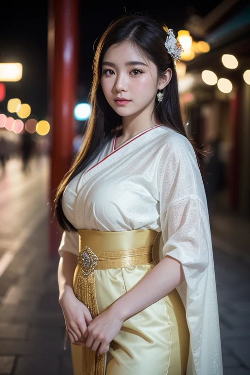 Full body Photography realistic Portriat, Asian Chubby girl large breasts, Wearing traditional Thai dress, front of Sensoji Temple, Japan, Snow covered, There's warm sunshine, (RAW photo:1.2), (photorealistic:1.4), shot by Sony alpha 7 iv, 85mm lens, f/1.4, ISO 100, (masterpiece:1.2), (intricate detailed), (best quality:1.2), (professional photography), (realistic:1.5), (soft light:1.3), (defuse lighting:0.7), (ambient lighting:0.6), (rim lighting,:1.2), fine textures, (depth of field:1.2), (bokeh:1.2), (face focus:1.5), film overlay, film grain,
