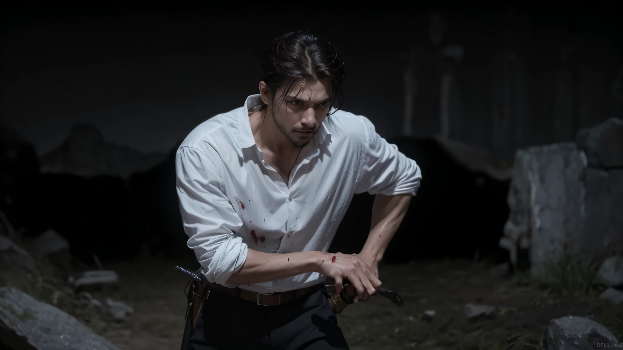 a man with a sword in his hand stood in the dark, wearing a white shirt, there was blood on his forehead