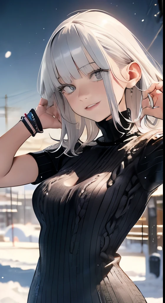 (cable_knit turtleneck dress:1.3), whole body, cleavage, (japanese woman), short hair, smile, look at the audienceいる, in snow mountain, rays of light at dusk, Sigma 85mmF/1.4, (Masseter muscle part), (low contrast:1.1), (highly detailed skin), (highly detailed lips), (highest quality:1.0), (Super high resolution:1.0) ,(photo-realistic:1.2), (super detailed:1.0), (8K RAW photo:1.1), look at the audience, sexy pose,long straight hair、silver hair、bangs pink silver hair,black skin、brown skin、heavily tanned skin、gal style necklace、gal style bracelet、gal accessories