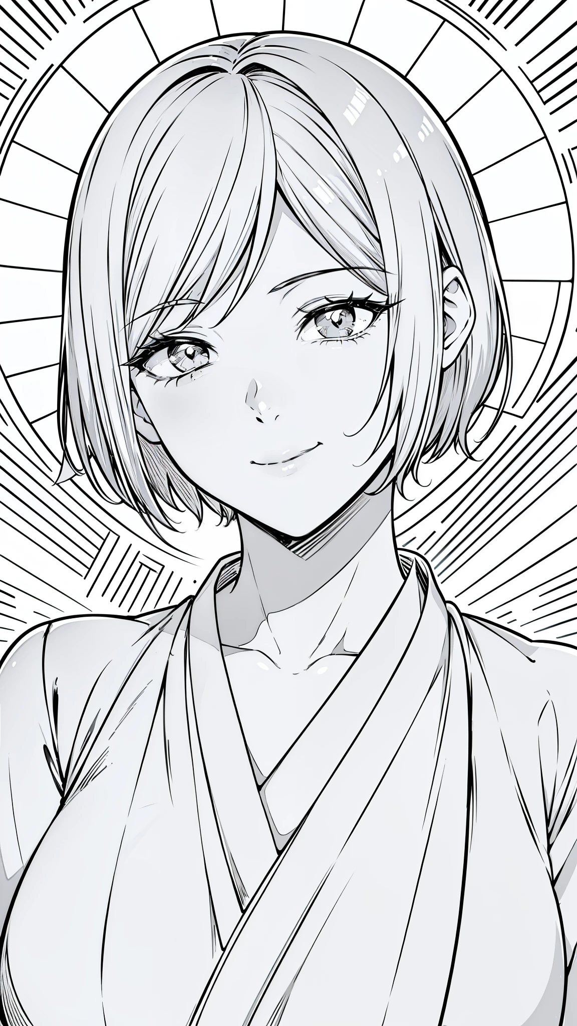 {8k image}, beautiful woman (dare skin), 20 years old, short hair (Stunning Copper Pixie Cut), busty, wearing a Japanese  outfit, looking at the viewer smiling, face centered forward, focus on the face and breasts, {face portrait}, manga art style, lineart, lineart with fine lines, monochrome