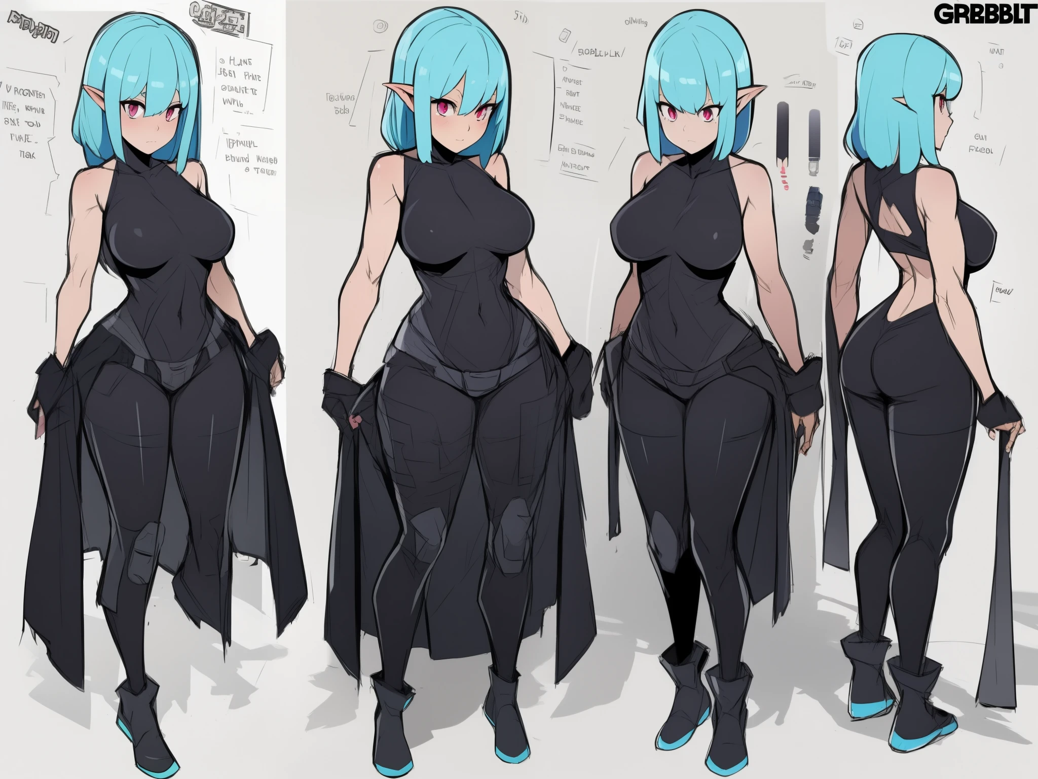 Goblin adult woman, green skin, light blue hair, pink eyes, high boots, gigantic breasts, long legs, black one-piece dress made of thick fabric, 8k, HD, masterpiece, full body image, background completely white