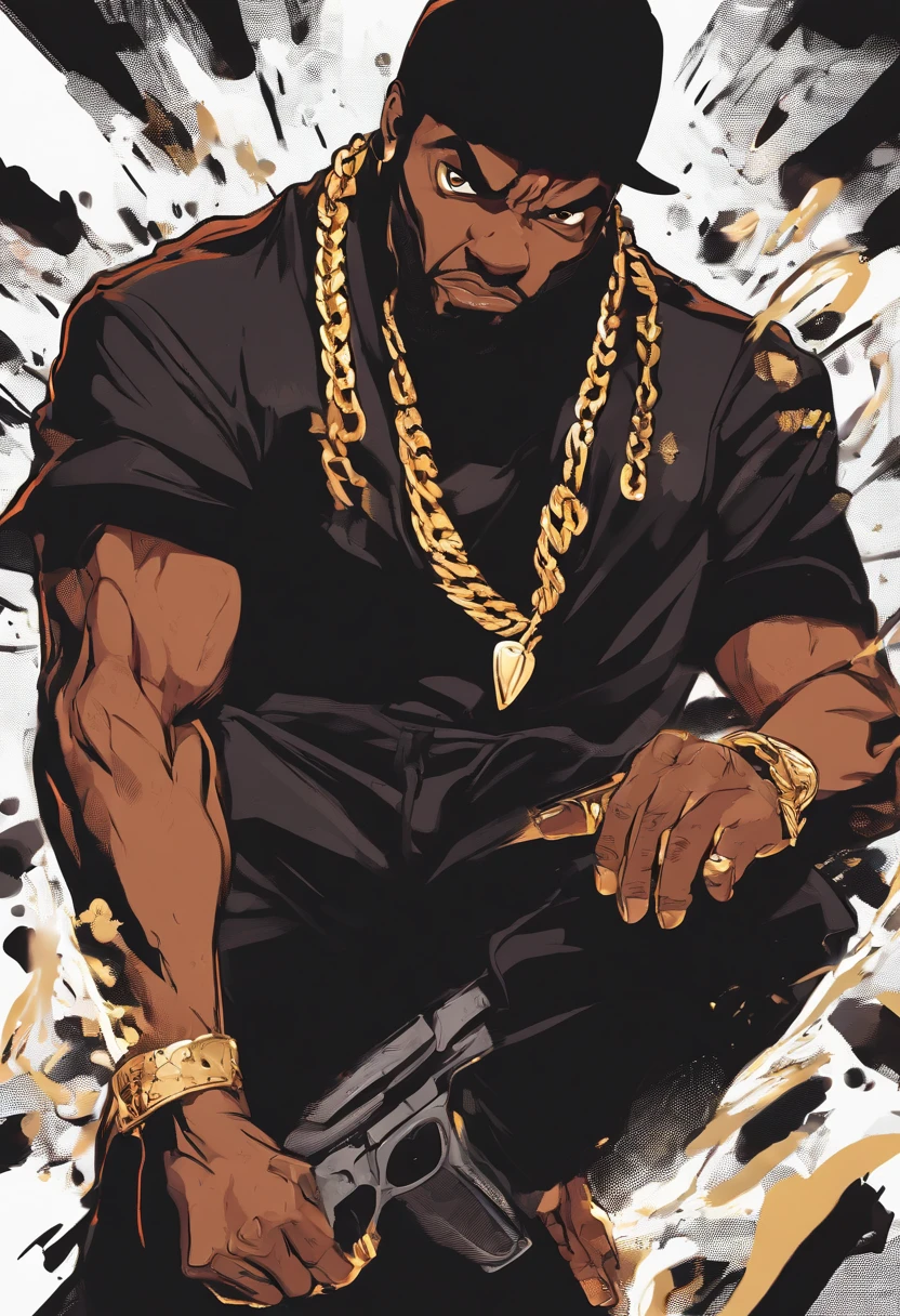 Chubby dark black male rapper with gun in hand, gold chains on this neck , Patchy beard , bucket hat . Wearing all black