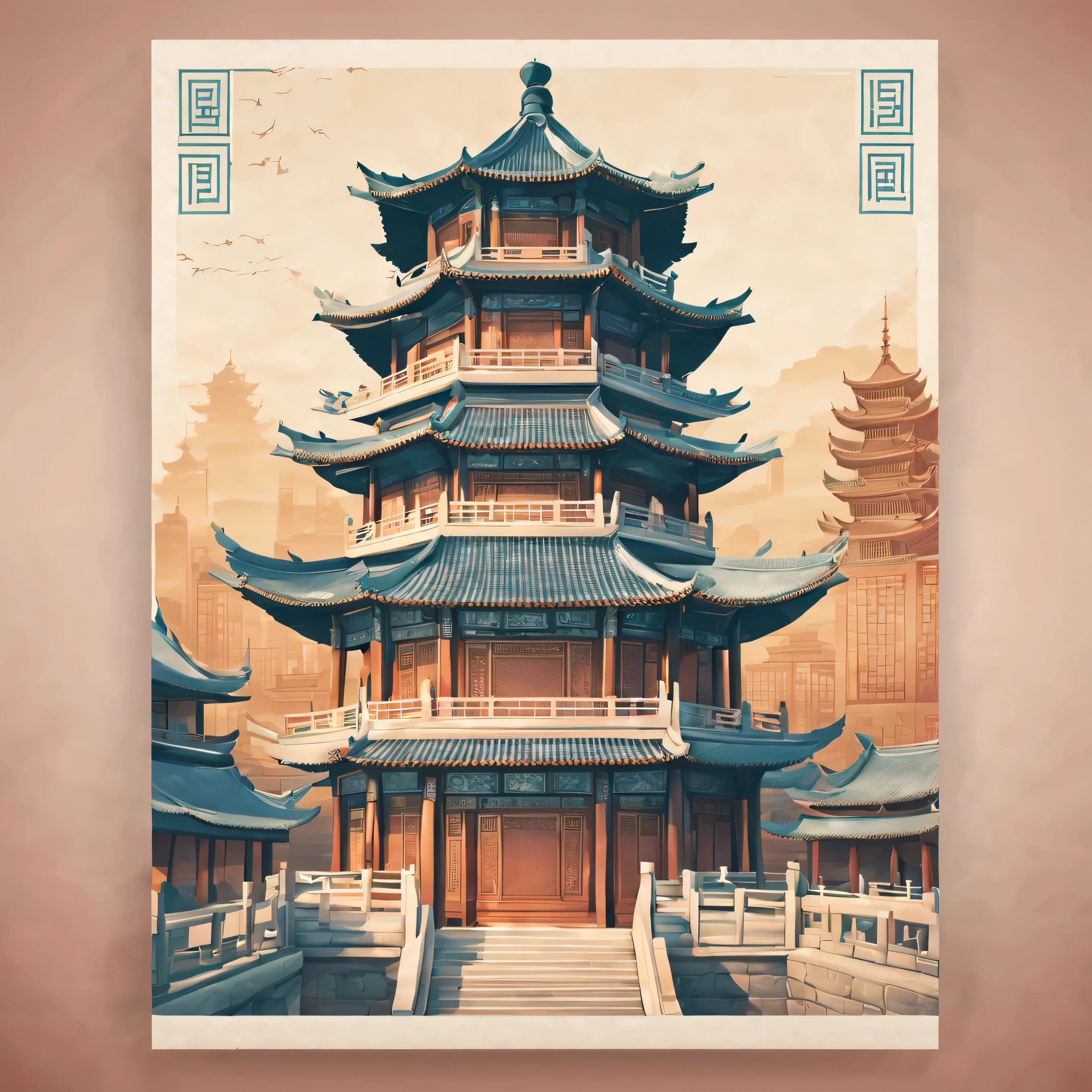 A Postal postcard of the ancient Chinese architecture on the front side. [line drawing, vintage style], (delicate, intricate, fine) line work, (elegant, regal) architecture, (captivating, breathtaking) skyline, [nostalgic vibes, faded colors], warm color palette, (natural, soft) lighting, [antique texture, old-fashioned appearance],(Printed wireframe logo with stamp location and recipient、Name format).(best quality, highres:1.2), ultra-detailed, professional, vivid colors, portraits, landscape, concept artists, sharp focus, HDR, studio lighting.
