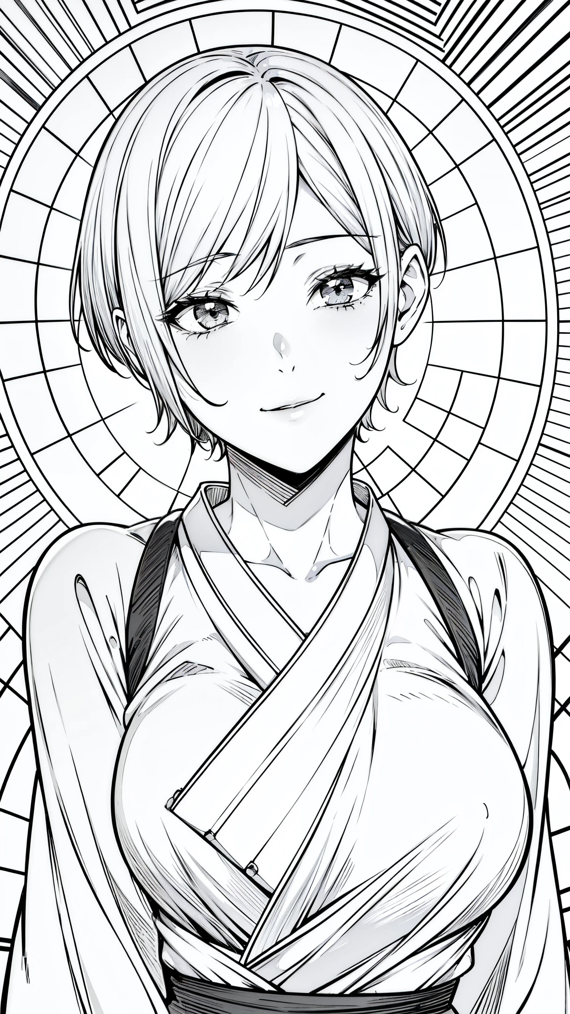 {8k image}, beautiful woman (dare skin), 20 years old, short hair (Stunning Copper Pixie Cut), busty, wearing a Japanese outfit, looking at the viewer smiling, face centered forward, focus on the face and breasts, {face portrait}, manga art style, lineart, lineart with fine lines, monochrome