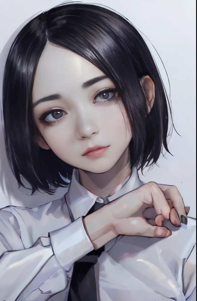 (side light, Beautiful detailed eyes: 1.2), portrait, realistic, 3d face, Glossy skin, (masterpiece, highest quality, beautiful quality, looking at the viewer, detailed lighting, Shadow, 8K:1.4), (women pictures, white shirt, tie, parted hair, black eye, 1 girl, pants:1.4), Ayano Omoto,