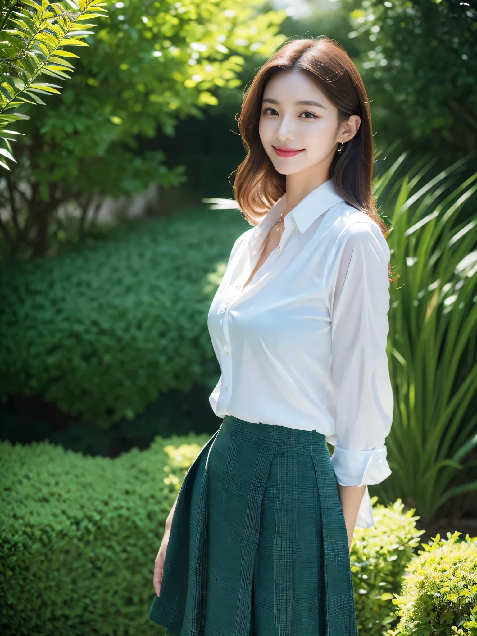 (Full body: 1.3), (in 8K, best-quality, masterpiece: 1.3), (intricate detailes:1.4), (Raw photo, Photorealsitic: 1.4), octane renderings, Complex 3D rendering ultra detail, Studio Soft Light, Rim Lights, vibrant detail, super detailing, realistic skin textures, Detail Face, Beautiful detail eyes, Very detailed CG Unity 16k wallpaper, make - up, Slender Beauty 1 Person: 1.5, Elegant, office lady, (Detailed background: 1.2), Realistic skin feeling, Shinny skin, beautiful detailed face, Lush green park background, Blur background, Bokeh, Super model, Perfect body, (Full body: 1.3), (Wide shot, Long shot: 1.3), Tall and slender beauty, (beauty of suits: 1.3), (beauty of elegant skirt: 1.3), natural smile, medium breasts, undershirt, cool beauty, career woman, Japanese beauty, modeled, tic,street