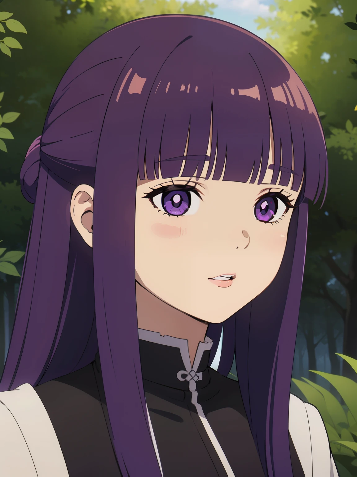 freirenfern, fern, purple hair, long hair, purple eyes, blunt bangs, sidelocks, half updo, bright pupils, (large breasts, 1 girl), BREAK Masterpiece, best quality, high resolution, 8K, official art, super resolution, extremely detailed and beautiful, extremely detailed, amazing and detailed, highly detailed beautiful girl, highly detailed face, highly detailed eyes, highly detailed skin, highly detailed fingers, highly detailed nose, very detailed mouth, perfect anatomy, BREAK Full body shot, extremely detailed CG unity 16k, very fine 16KCG wallpapers, light blush, China Cheongsam, forest,
