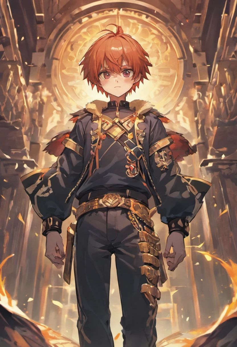 Q version of the character，anime characters，16-year-old Shota，male warrior, Wear leather pants, skull belt, Wrist straps and spiked shoulder pads.，The crotch is bigger，There is an aperture on the head