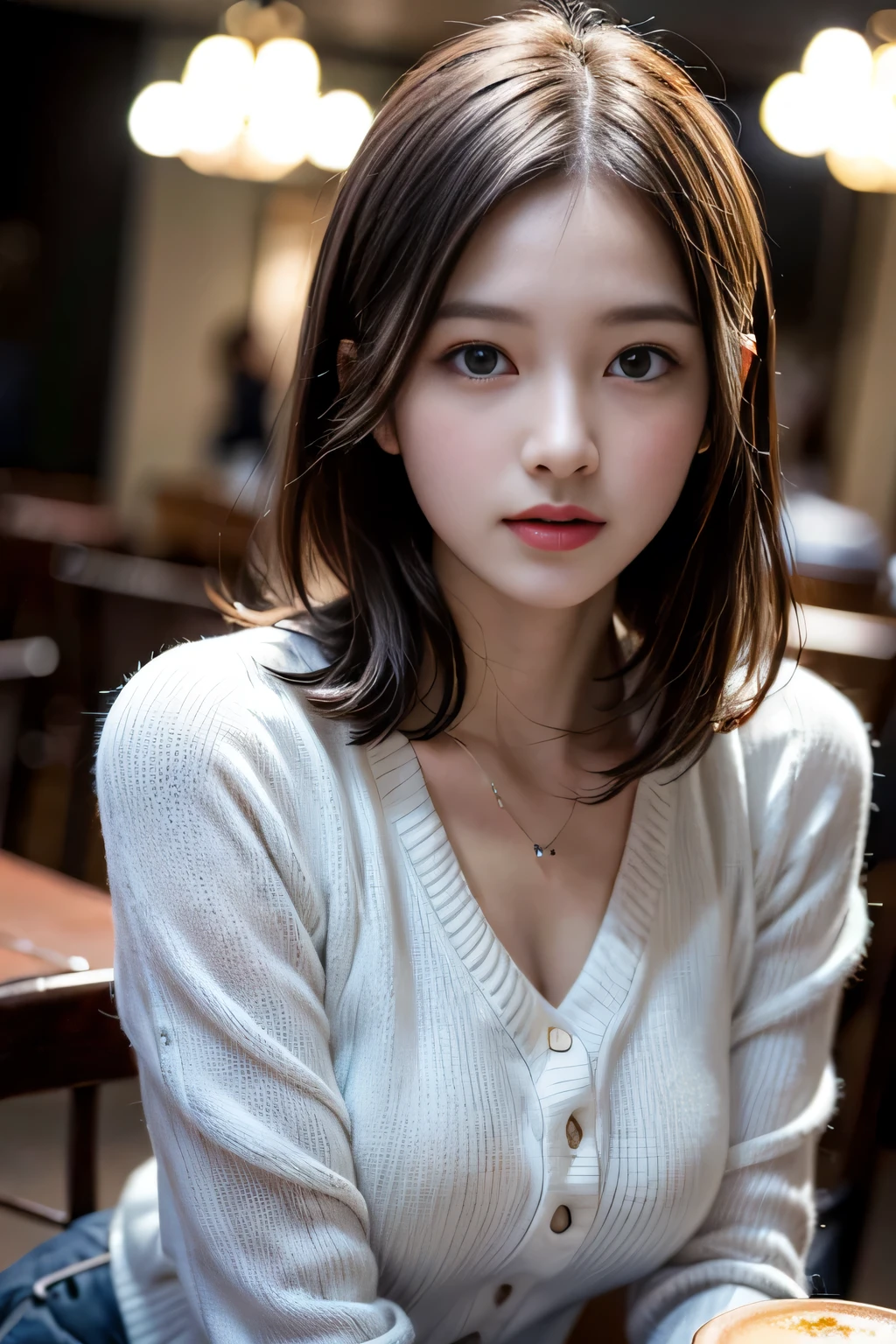 table top, highest quality, shape, Super detailed, finely, High resolution, 8k wallpaper, 完璧なダイナミックな構shape, beautiful and detailed eyes, blue knit, medium hair,natural color lip,necklace, (body facing forward,face to face:1.3), 20 year old girl, cowboy shot,