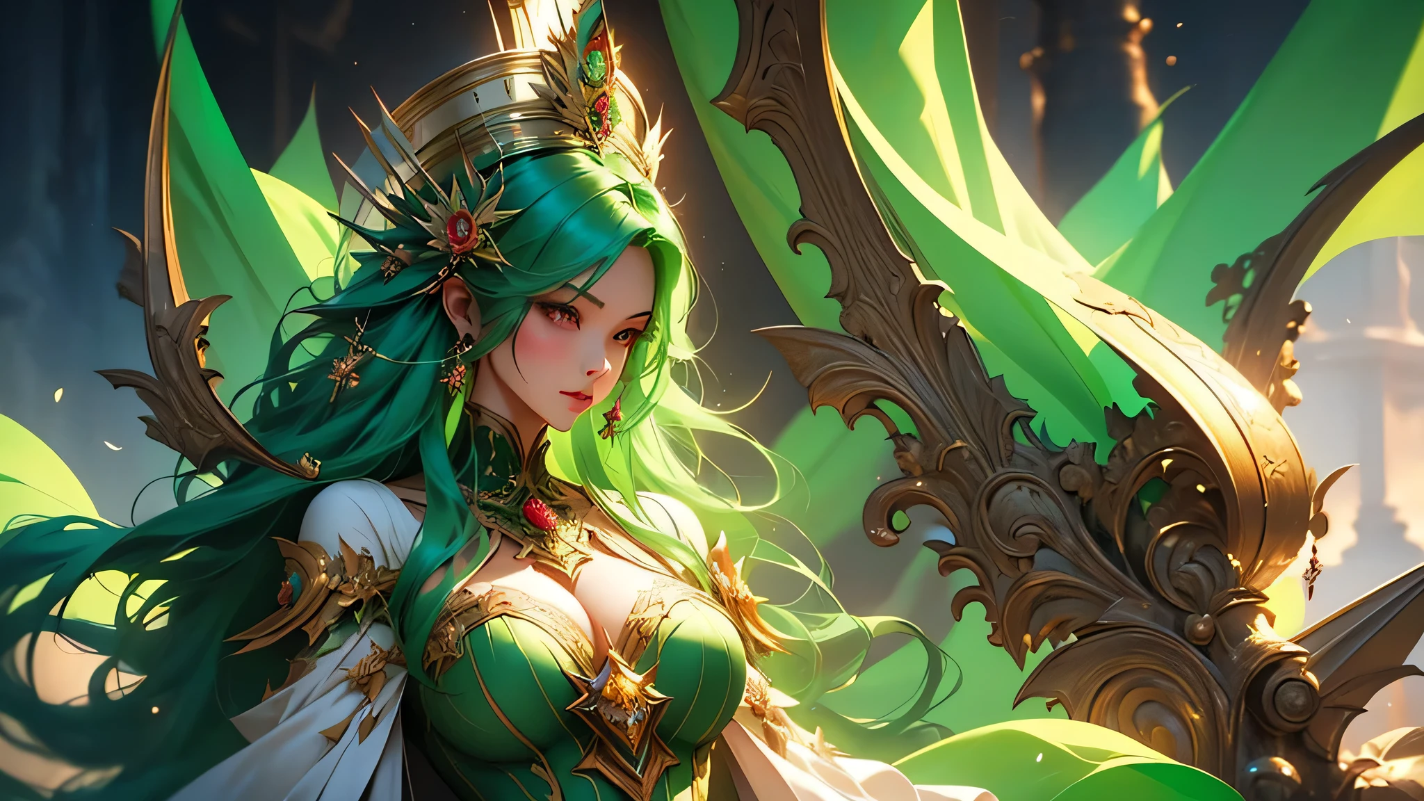 there is a woman with green hair and a green cape on, extremely detailed artgerm, a beautiful fantasy empress, ig model | artgerm, artgerm on artstation pixiv, ((a beautiful fantasy empress)), artgerm. anime illustration, ! dream artgerm, artgerm lau, artwork in the style of guweiz