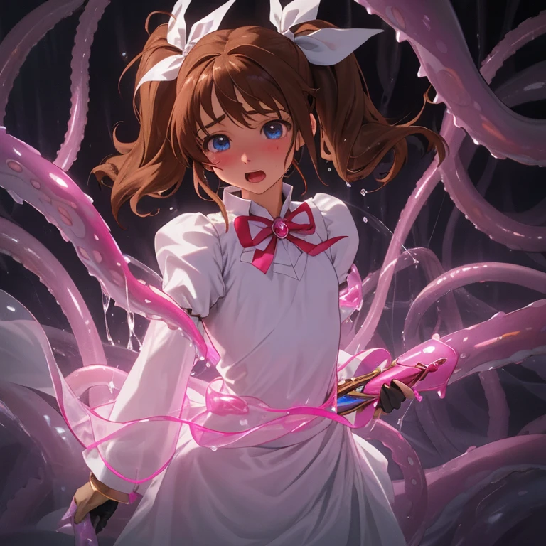 {{{{amazing quality, great quality, high quality, very aesthetic, aesthetic, best quality}}}},
realistic, photo, shadow, Three-dimensional, absurdres, Digital art,
{{{magical girl lyrical nanoha}}}, {{{Nanoha Takamachi}}}, 11 ,
brown hair, medium hair, shiny hair, twin tails, white ribbon,
blue eyes, big eyes, round eyes, tareme,
{{flat chest}}, {{small breasts}}, {{detailed body}}, slim thighs, thin thighs,
barrier jacket, white long skirt, white long sleeves, puff sleeves, bulging shoulders,
black fingerless gloves, black socks,white shoes with white feathers,
ribbon trim, red bow tie, red big jewel,
{A magic wand named "Raging Heart"},
{{{{Magical girl}}}}, beautiful girl, one girl, cute, pretty, lovely, charming, teenage, kawaii, younger sister,
distress, resistance, defeat, inferiority, absurdres, aroused, sexual pleasure, troubled face, shy, orgasm, sensitive body, Sweat, trembling, {{torn clothes}}, {{wet clothes}}, {{melted clothes}}, {{transparent clothes}}, {{damaged clothes}}, {{Completely nude}}, {{half-naked, girl}} gets wet, wet hair, A girl is immersed up to her waist in cloudy liquid, A girl is immersed up to her shoulders in cloudy liquid, A girl is covered in cloudy liquid, tentacle bath, Transparent pink tentacles attack the girl, Multiple transparent pink tentacles wrap around the girl's body, Multiple transparent pink tentacles wraps around the girl's arm, Multiple transparent pink tentacles wraps around a girl's leg, Multiple transparent pink tentacles caresses the girl's nipples, Multiple transparent pink tentacles caresses the girl's crotch, upper body,