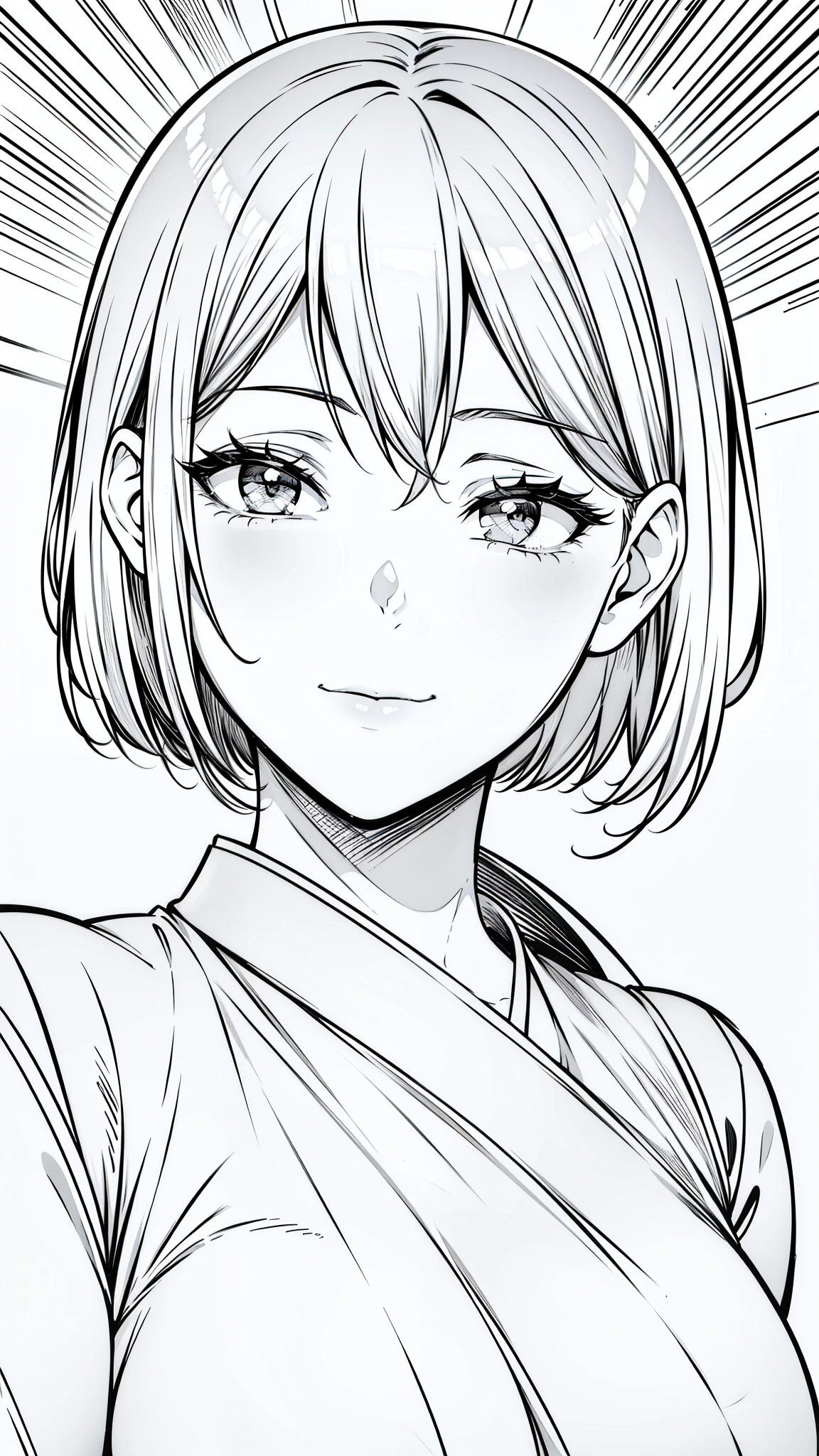 {8k image}, beautiful woman (dare skin), 20 years old, short hair (Stunning Copper Pixie Cut), busty, wearing a Japanese  outfit, looking at the viewer smiling, face centered forward, focus on the face and breasts, {face portrait}, manga art style, lineart, lineart with fine lines, monochrome