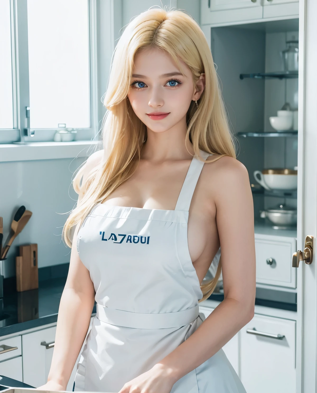 1girl, Blue eyes, (smile), (Sana Minatozaki), wide hips, Big , big ass, (Best Quality, 8k, Masterpiece: 1.3), perfect hands, Clear Focus: 1.2, Perfect Body Beauty: 1.4, Highly detailed face and skin texture, detailed eyes, double eyelids, (blonde long hair :1.2), naked, (white apron :1.3), standing, dynamic pose, (in a luxurious kitchen)