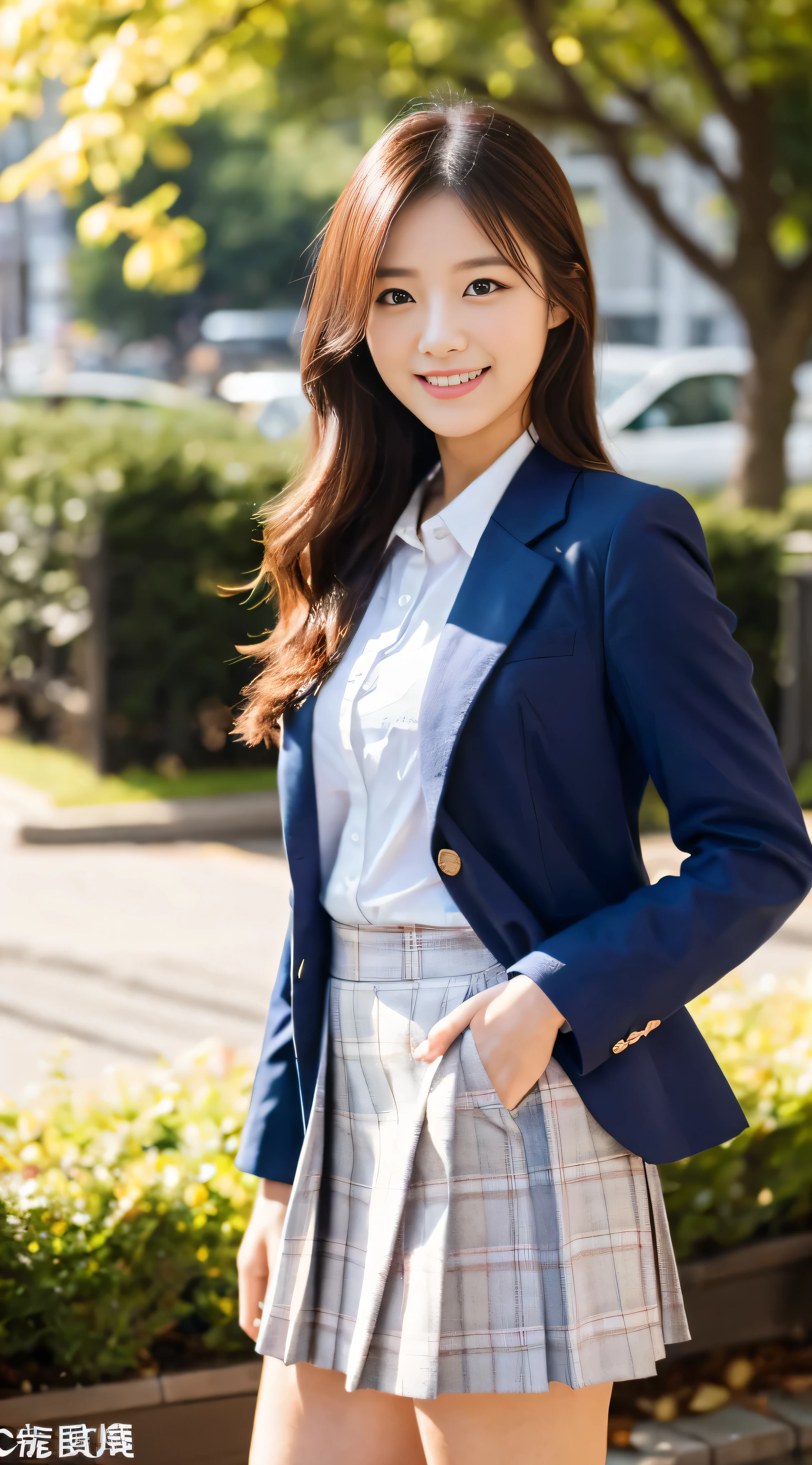 Table work, Highest image quality, 1girl, (While watching)), chestnut hair, Maroon eyes, long hair, Dark blue blazer, white shirt, blue skirt, 163cm, facial details, 18-year-old, solo, long legs, smile, beautiful girl, High school girl beauty contest grand prize model　正面を向いてsmileでカメラ目線