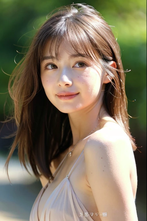 (RAW photo, highest quality), naked, Sheer Dress, tight waist、necklace, 、very delicate and beautiful, soft light, (brown hair, short hair swaying in the wind, bangs), beautiful detailed girl, (finger details), highly detailed eyes and face, beautifully detailed nose, beautiful and detailed eyes, 1 girl, Japanese, Neat beauty, cute, young, smile, , (medium breasts), realistic face, realistic body, naked, The hair on the skin shines、rough skin、mole on face and chest、dress swaying in the wind、stare at the camera、tight waist、garden、Bokeh