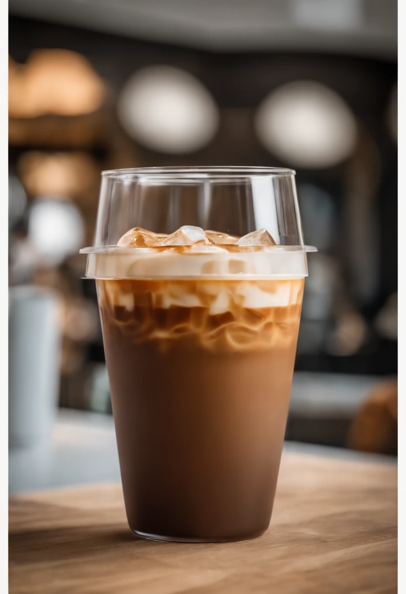 Ice Coffee latte in oval plastic cup with half round top HD Quality 