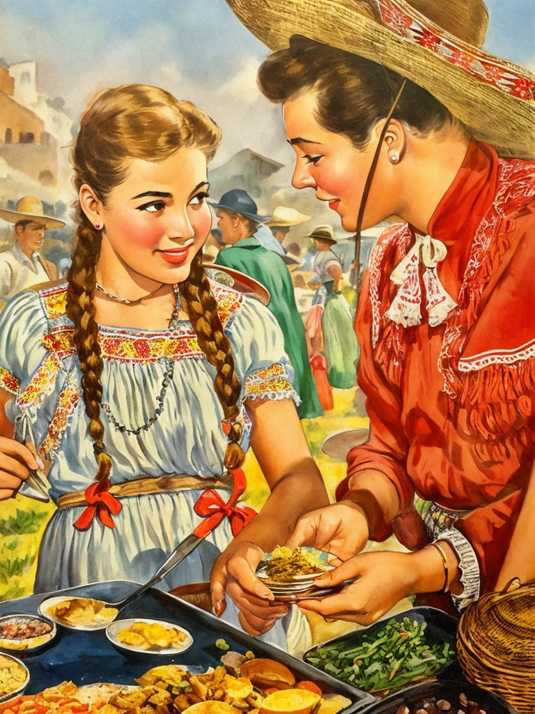 pintura de un hombre y una mujer preparando comida en una parrilla, mexicano folklore, Ella es mexicanao, ( arte fitzpatrick ), 1 9 5 0 s turismo americano, arte de caja de cereal vintage, 1952, mexicano, vintage magazine illustration, 1950, 1 9 5 0, por Roy Dalgarno, folk illustration, 1 9 5 4