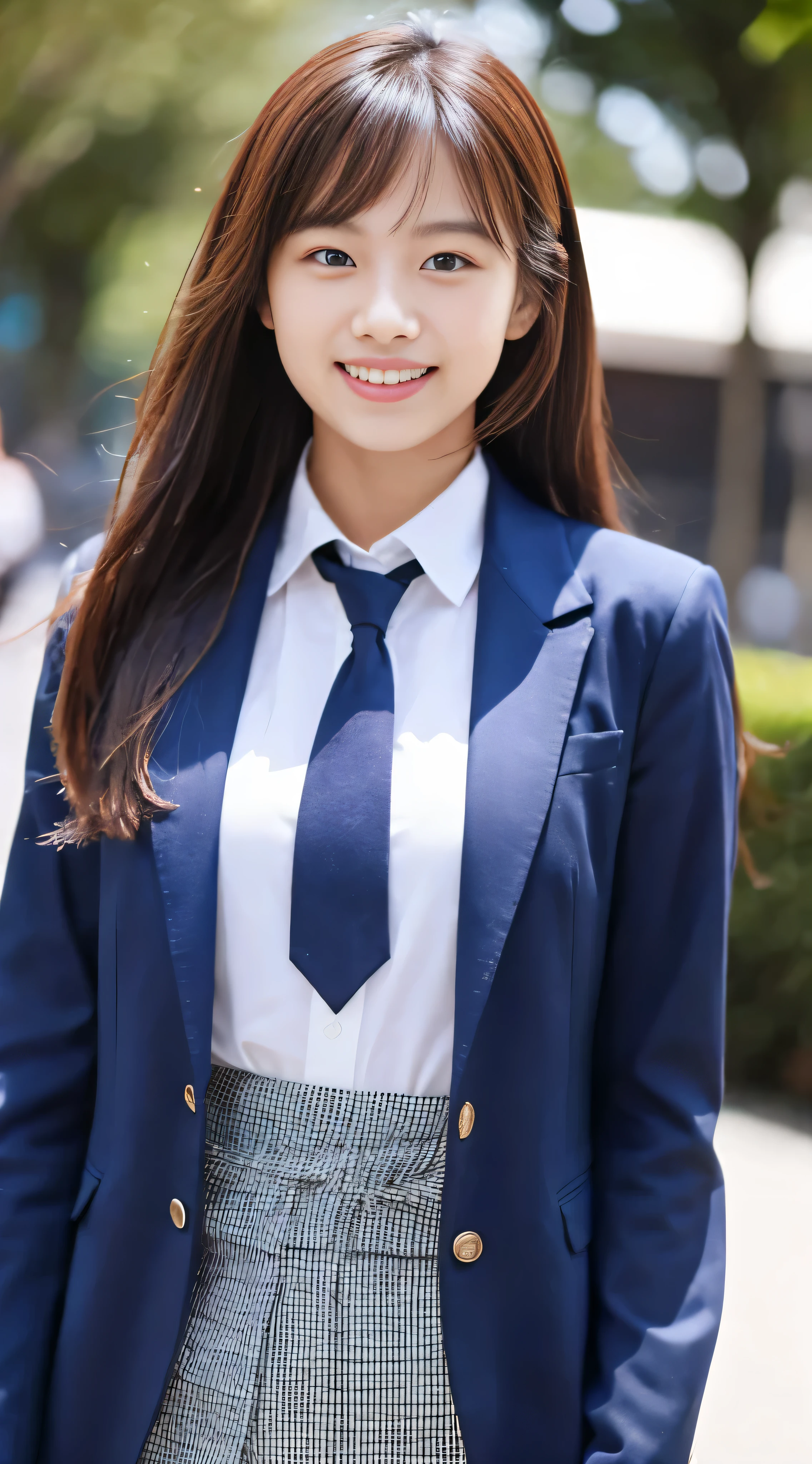 Table work, Highest image quality, 1girl, (While watching)), chestnut hair, Maroon eyes, long hair, Dark blue blazer, white shirt, blue skirt, 163cm, facial details, 18-year-old, solo, long legs, smile, beautiful girl, High school girl beauty contest grand prize model　正面を向いてsmileでカメラ目線