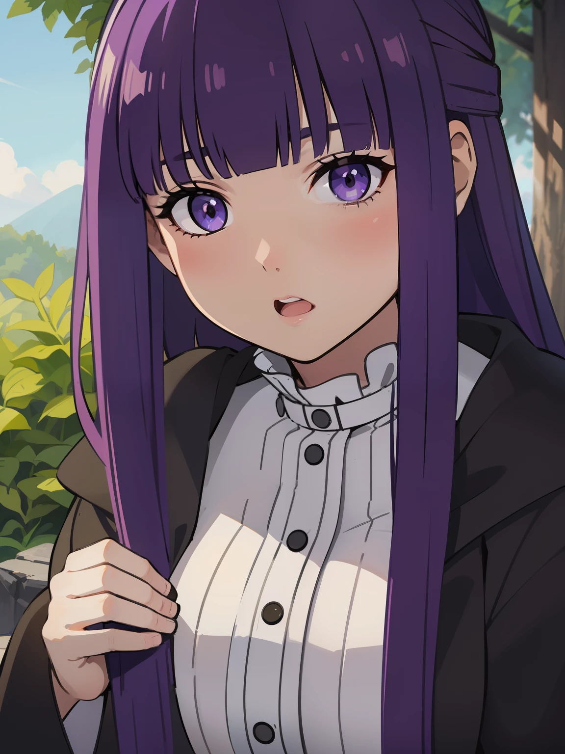 freirenfern, fern, purple hair, long hair, purple eyes, blunt bangs, sidelocks, half updo, bright pupils, (large breasts, 1 girl), frilled collar, black robe, white dress, center frills, buttons, wide sleeves, long sleeves, curvy, frilled collar, BREAK Masterpiece, best quality, high resolution, 8K, official art, super resolution, extremely detailed and beautiful, extremely detailed, amazing and detailed, highly detailed beautiful girl, highly detailed face, highly detailed eyes, highly detailed skin, highly detailed fingers, highly detailed nose, very detailed mouth, perfect anatomy BREAK Full body shot, Looking down, pray BREAK hill, nature, forest, extremely detailed CG unity 16k, very fine 16KCG wallpapers
