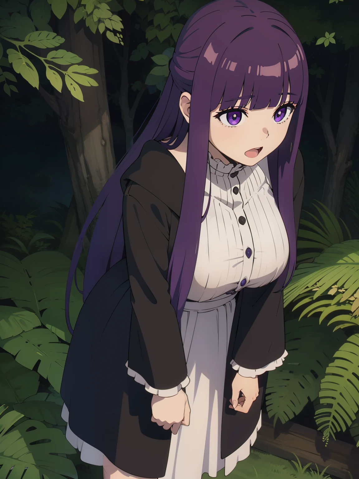 freirenfern, fern, purple hair, long hair, purple eyes, blunt bangs, sidelocks, half updo, bright pupils, (large breasts, 1 girl), frilled collar, black robe, white dress, center frills, buttons, wide sleeves, long sleeves, curvy, frilled collar, BREAK Masterpiece, best quality, high resolution, 8K, official art, super resolution, extremely detailed and beautiful, extremely detailed, amazing and detailed, highly detailed beautiful girl, highly detailed face, highly detailed eyes, highly detailed skin, highly detailed fingers, highly detailed nose, very detailed mouth, perfect anatomy BREAK Full body shot, Looking down, pray BREAK hill, nature, forest, extremely detailed CG unity 16k, very fine 16KCG wallpapers
