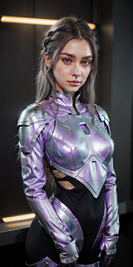 Realistic, girl one, gray hair, purple eyes, shining eyes, mech suit, reptile, metallic, intricate details, detailed neon, parted lips,