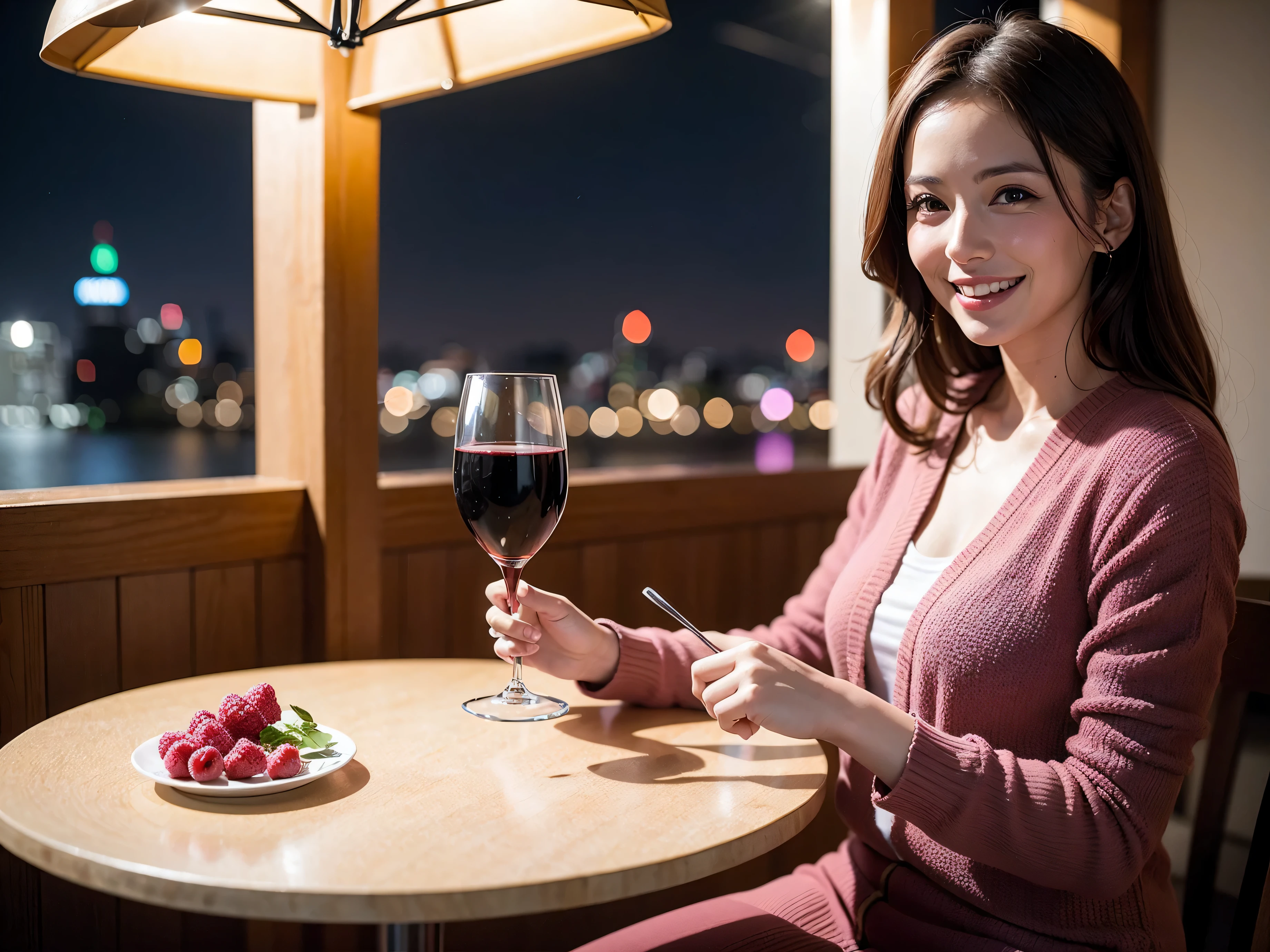 64k, UHD, highest quality, masterpiece: 1.2), (realistic, photorealistic: 1.37), Super detailed, slimな美女3名, (slimフェイス),Happy、 最高なsmile、Fox Face、Berry Short、(because I'thin), (brown hair), (shortcut), long sleeve shirt、winter fashion、Colombia、Brazilian、Japanese、Dutch、German、Portuguese、Belgian、Italian、french,champagne、Sparkling wine、 (gush), (slimボティ), (brown hair), (shortcut), Neat beauty、cheeks blush a little, (35 years old), 38 years old, alone, A beautiful and detailed night view spreads out outside the window..., restaurant, wine glassが座っている, At night, in a prominent place (from the Upper body) nova frog style, actress, model, Upper body, White wine, slim, wine glass, very beautiful night view, wine glass Put in the Middle, Happy smile, (smile: 1.15),