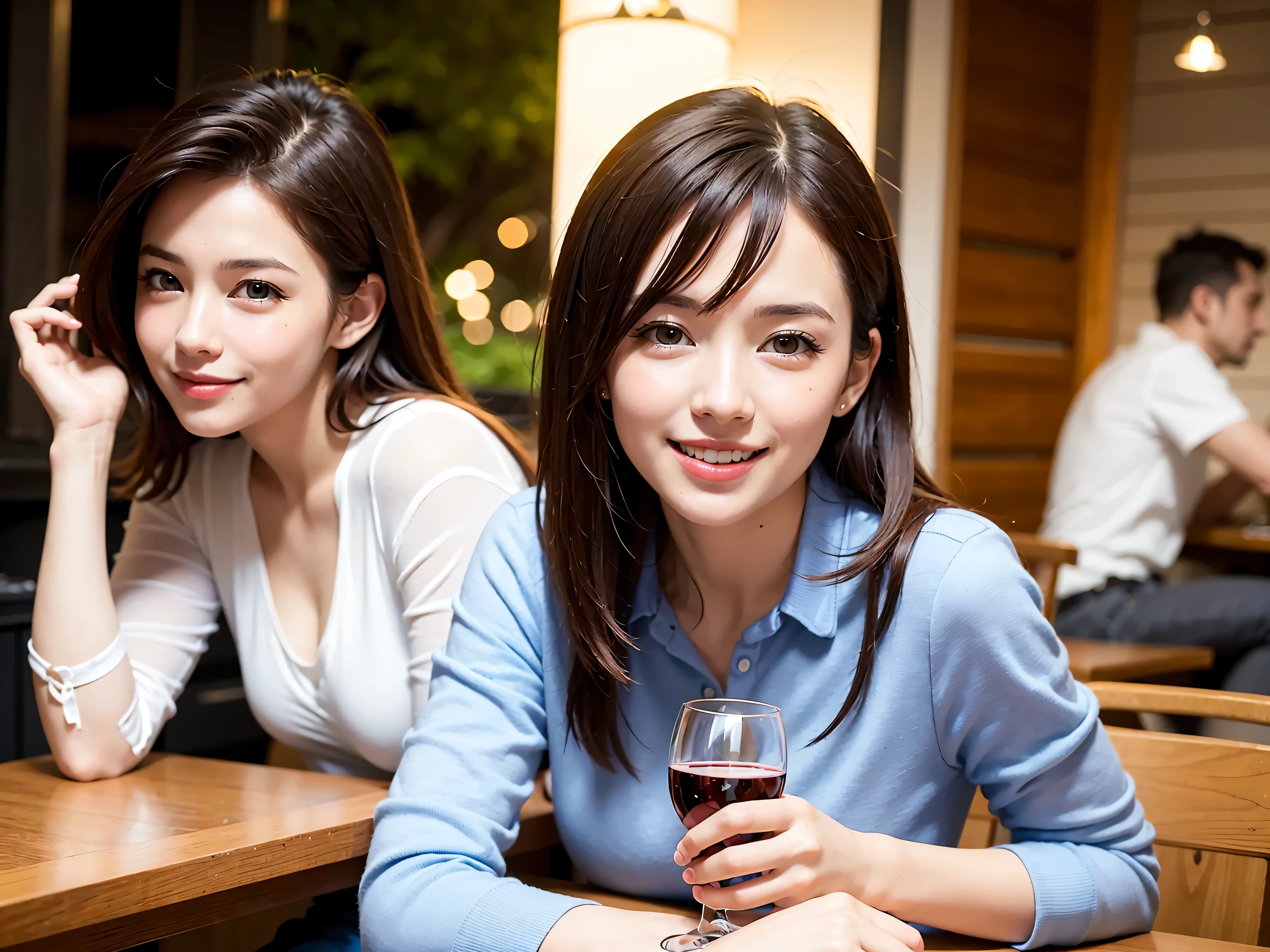 64k, UHD, highest quality, masterpiece: 1.2), (realistic, photorealistic: 1.37), Super detailed, slimな美女3名, (slimフェイス),Happy、 最高なsmile、Fox Face、Berry Short、(because I&#39;thin), (brown hair), (shortcut), long sleeve shirt、winter fashion、Colombia、Brazilian、Japanese、Dutch、German、Portuguese、Belgian、Italian、french,champagne、Sparkling wine、 (gush), (slimボティ), (brown hair), (shortcut), Neat beauty、cheeks blush a little, (35 years old), 38 years old, alone, A beautiful and detailed night view spreads out outside the window..., restaurant, wine glassが座っている, At night, in a prominent place (from the Upper body) nova frog style, actress, model, Upper body, White wine, slim, wine glass, very beautiful night view, wine glass Put in the Middle, Happy smile, (smile: 1.15), 