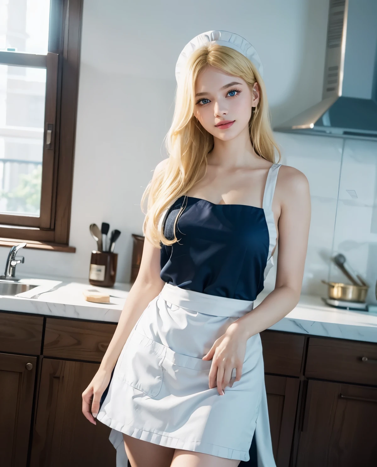 1girl, Blue eyes, (smile), (Sana Minatozaki), wide hips, Big , big ass, (Best Quality, 8k, Masterpiece: 1.3), perfect hands, Clear Focus: 1.2, Perfect Body Beauty: 1.4, Highly detailed face and skin texture, detailed eyes, double eyelids, (blonde long hair :1.2), naked, (white apron :1.3), standing, dynamic pose, (in a luxurious kitchen)