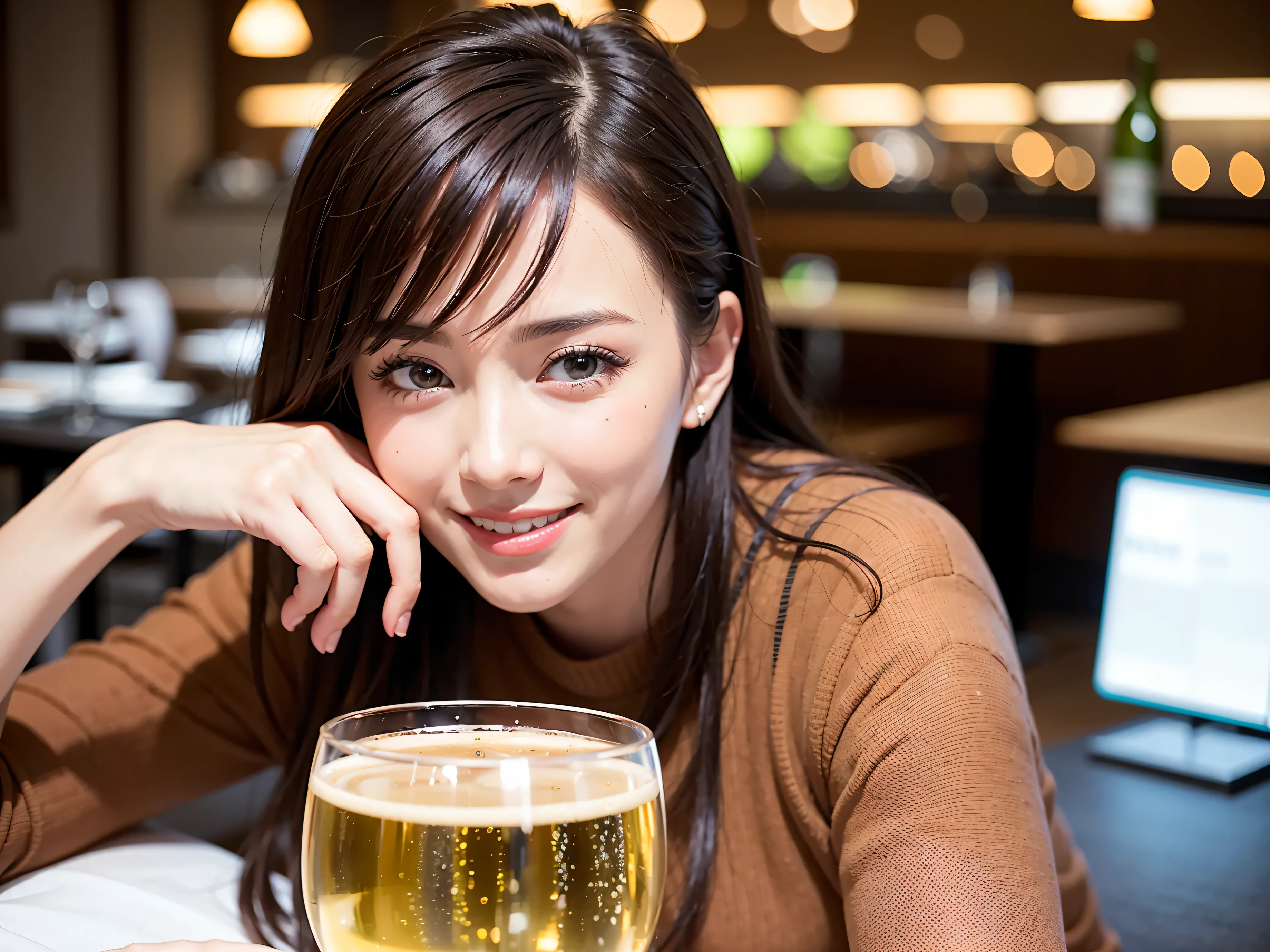 a girl in her mid 20s eating beer in pub