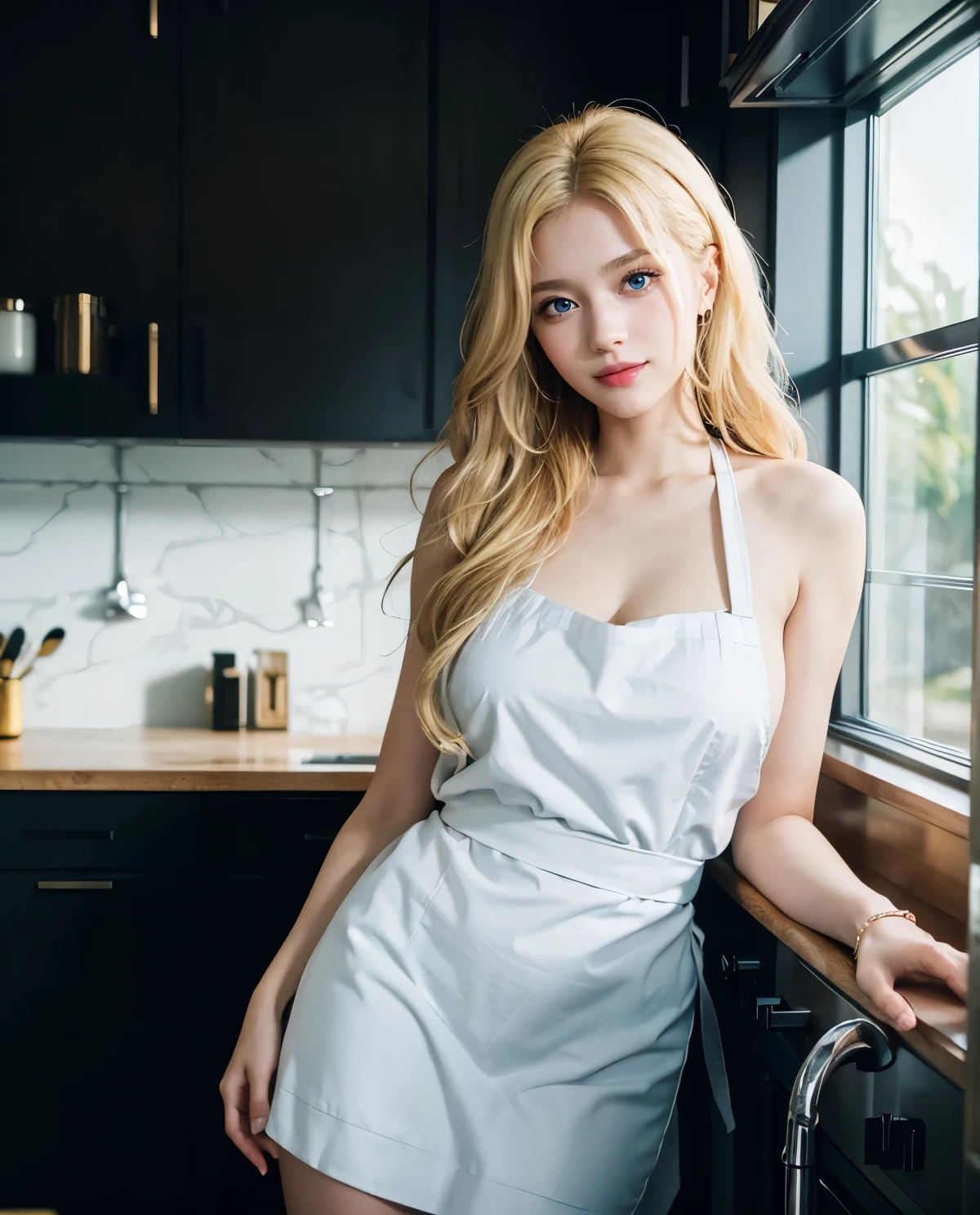 1girl, Blue eyes, (smile), (in a luxurious kitchen), (Sana Minatozaki), wide hips, Big , big ass, (Best Quality, 8k, Masterpiece: 1.3), perfect hands, Clear Focus: 1.2, Perfect Body Beauty: 1.4, Highly detailed face and skin texture, detailed eyes, double eyelids, (blonde long hair :1.2), naked, (black apron :1.3), standing, dynamic pose, windows in the background