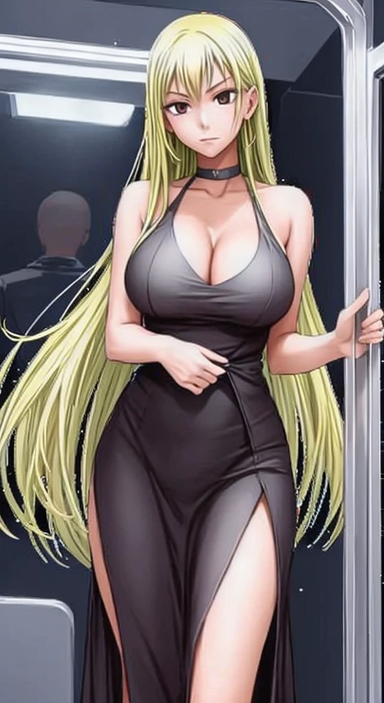 A beautiful woman with long hair, ???????????, and beautiful legs is standing in an ?????? outfit glaring at a bald middle-aged man in a suit on the train.。