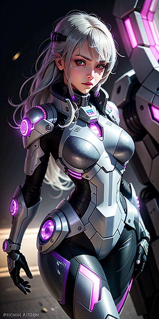 Realistic, girl one, gray hair, purple eyes, shining eyes, mech suit, reptile, metallic, intricate details, detailed neon, parted lips,