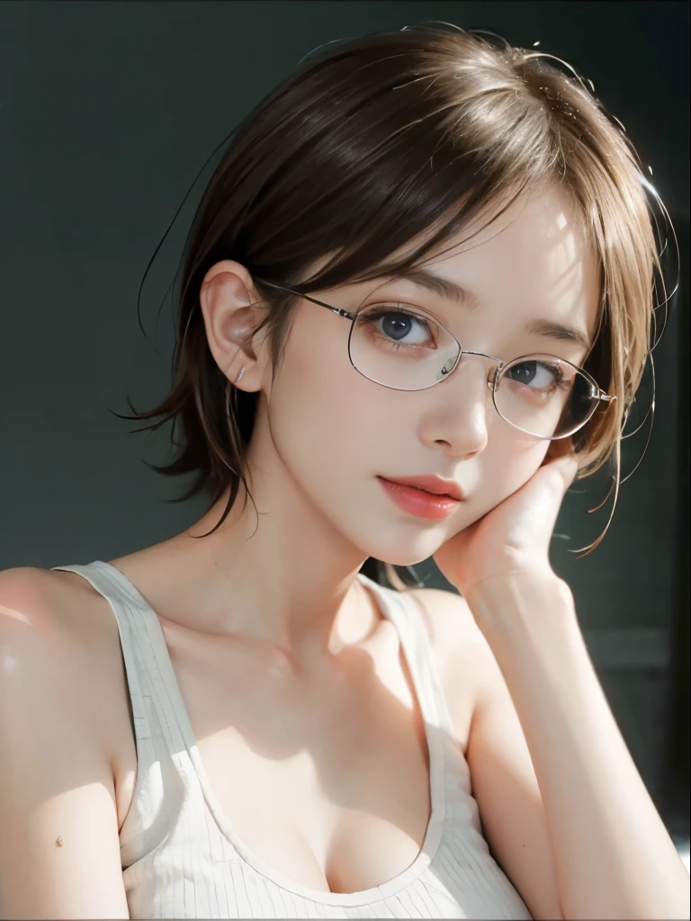 (Raw photo:1.2)、highest quality、beautiful detailed girl、laughter、short haired、highly detailed eyes and face、beautiful and fine eyes、huge file size、High resolution、8k wallpaper、finely、Highly detailed ticker uniform wallpaper in 8K、light shines on your face、movie lighting、 girl、cute pose、(photorealism:1.4)、enlightenment、super detail、big breasts、Glasses Pose、Tank top