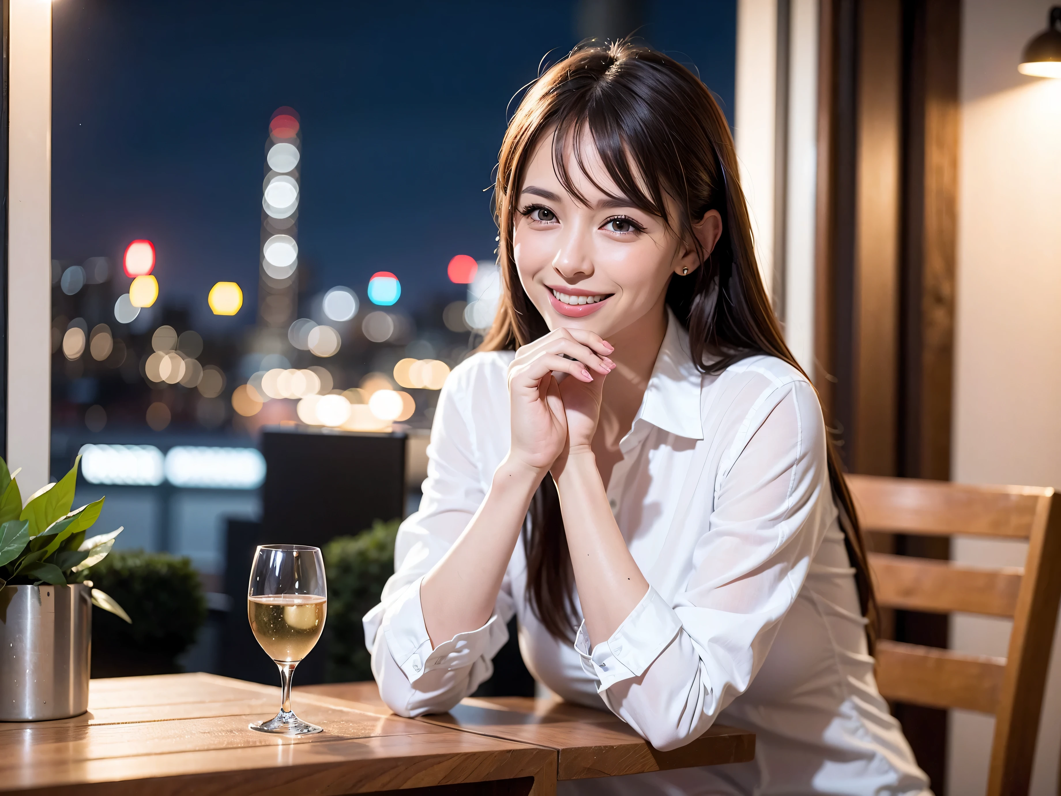 64k, UHD, highest quality, masterpiece: 1.2), (realistic, photorealistic: 1.37), Super detailed, slimな美女3名, (slimフェイス),Happy、 最高なsmile、Fox Face、Berry Short、(because I'thin), (brown hair), (shortcut), long sleeve shirt、winter fashion、Colombia、Brazilian、Japanese、Dutch、German、Portuguese、Belgian、Italian、french,champagne、Sparkling wine、 (gush), (slimボティ), (brown hair), (shortcut), Neat beauty、cheeks blush a little, (35 years old), 38 years old, alone, A beautiful and detailed night view spreads out outside the window..., restaurant, wine glassが座っている, At night, in a prominent place (from the Upper body) nova frog style, actress, model, Upper body, White wine, slim, wine glass, very beautiful night view, wine glass Put in the Middle, Happy smile, (smile: 1.15),