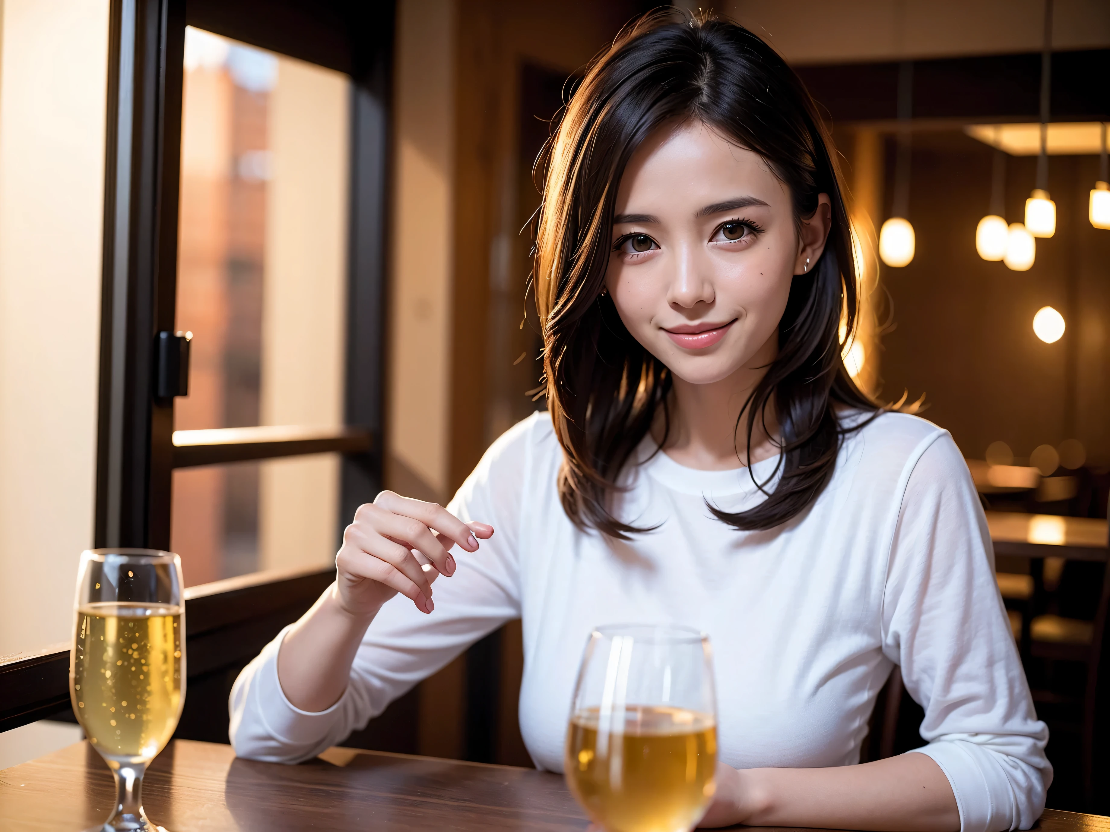 64k, UHD, highest quality, masterpiece: 1.2), (realistic, photorealistic: 1.37), Super detailed, slimな美女3名, (slimフェイス),Happy、 最高なsmile、Fox Face、Berry Short、(because I'thin), (brown hair), (shortcut), long sleeve shirt、winter fashion、Colombia、Brazilian、Japanese、Dutch、German、Portuguese、Belgian、Italian、french,champagne、Sparkling wine、 (gush), (slimボティ), (brown hair), (shortcut), Neat beauty、cheeks blush a little, (35 years old), 38 years old, alone, A beautiful and detailed night view spreads out outside the window..., restaurant, wine glassが座っている, At night, in a prominent place (from the Upper body) nova frog style, actress, model, Upper body, White wine, slim, wine glass, very beautiful night view, wine glass Put in the Middle, Happy smile, (smile: 1.15),