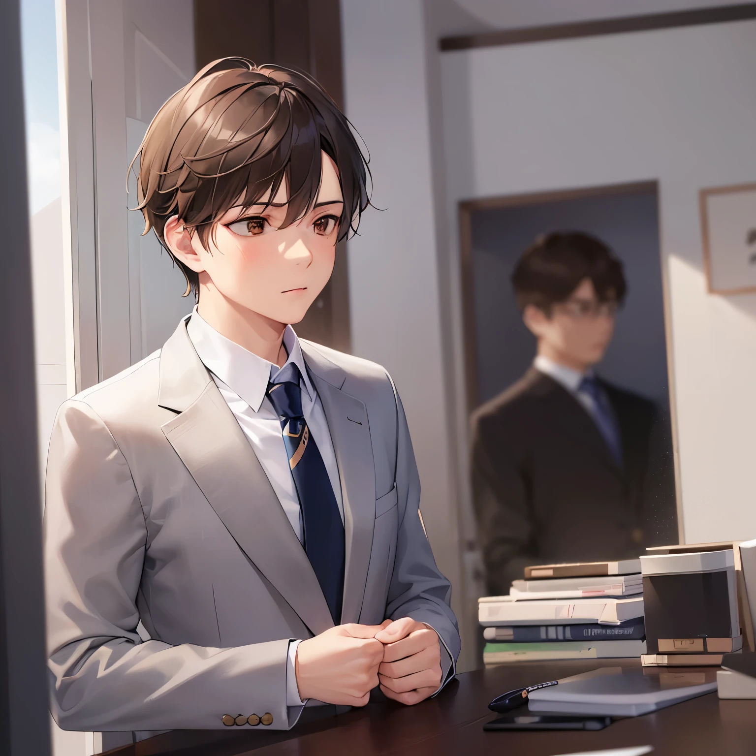 side angle, (looking away:1.5), masterpiece、high quality、(25 year old man with short brown hair and brown eyes:1.5)、wearing a suit、Wearing a blue tie、confused, blush, The background is a conference room、Alone、bold composition