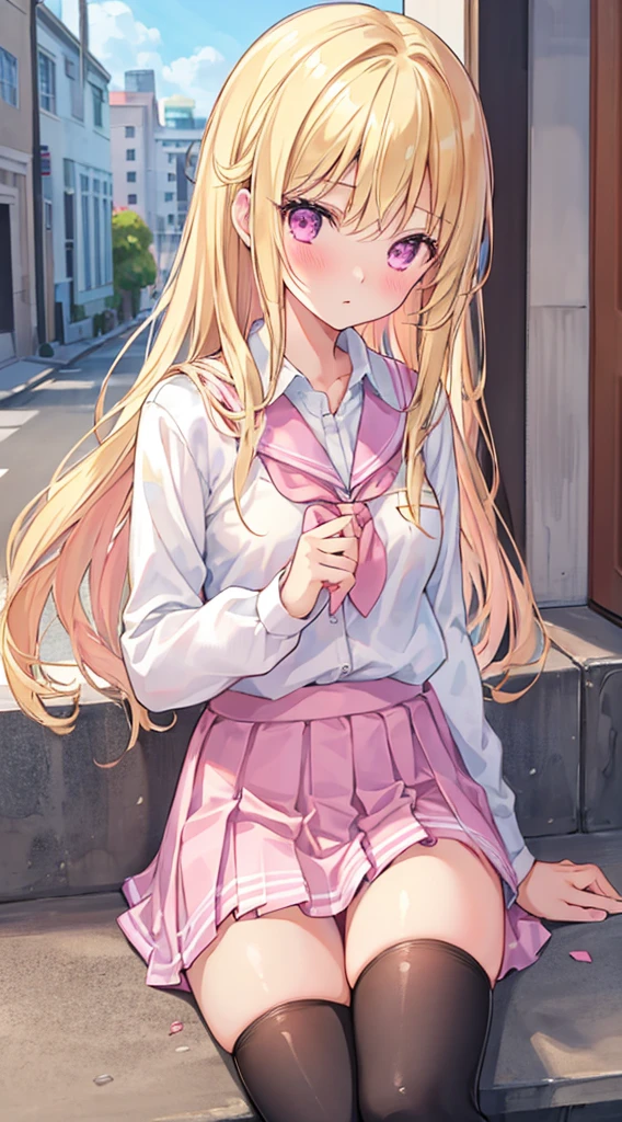 masterpiece, high quality, 1 girl, Improve, blonde hair, pink eyes, school uniform, Thighhighs, pink good、Cute white and pink underwear fully visible、Skirt rolled up by myself、blush、sexy、cute、
