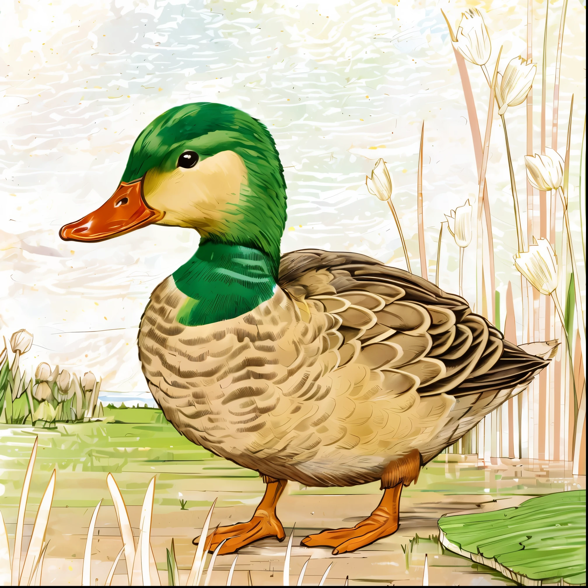 A mallard duck on the dirt ground,There are leaves around,Flowers surround