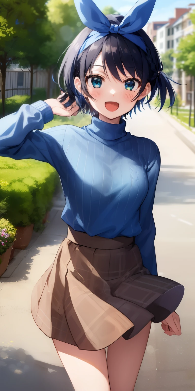2D, masterpiece, highest quality, anime, very detailed, 1 girl, alone, cowboy shot, ruka, blue hair band, blue bow, Polka dot pattern, white sweater, brown sweater, turtleneck, vertical stripes, long sleeve, black skirt, mini skirt, outdoor, dynamic pose, :d