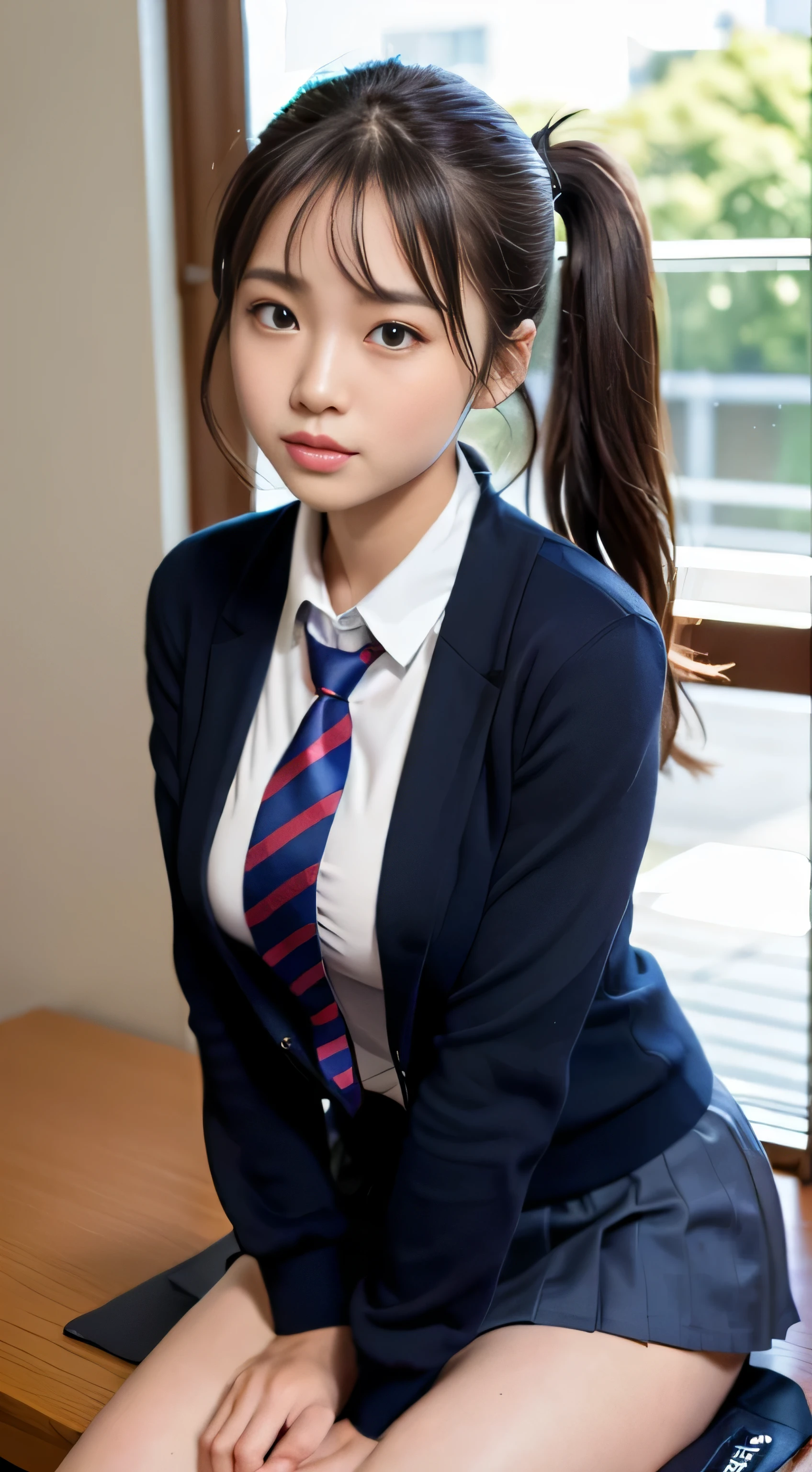 (16k, RAW photo, best image quality, masterpiece: 1.45), (realistic, Photoreal: 1.37), one girl, cute, cityscape,, professional lighting, photon mapping, school classroom, Physically based rendering, dark brown hair,ponytail hairstyle, Beautiful well-groomed eyes、((double eyelid))、super cute girl, (((school uniform、blazer、Long-sleeved shirts worn by Japanese high school girls、ribbon tie、navy blue mini skirt,、dark blue socks、black loafers))), highest quality photos, High resolution, 1080P, (clean face), (Detailed facial description), (Detailed explanation of hands), (masterpiece), (Detailed CG)、extreme light and shadow、messy hair、master work、Rich details、(detailed facial features)、(highest quality photos)、(Masseter muscle part)、(fine eyes)、look in front of you、thin clavicle、((slender and large))、(((Japanese high school girls wear jackets and long sleeve shirts)))、((neat idol))、((school gate、schoolyard、School building in the background))、(Take photos from random viewpoints)、(((anyway that&#39;s cute)))、earrings、big smile、Draw the whole body from the knees、Don&#39;t draw thin lines、(((Sports bags used by Japan schoolgirls)))、(Big breasts that hang down big:1.2)、big and firm buttocks、Two arms and two legs、(((from the front:0.7)))、bare hands、(((symmetrical eyes)))、standing pose、put one&#39;s hand on the desk、Don&#39;Do not remove the tie from the jacket、raise your butt:1.5，don&#39;t wear a condom:1.5，