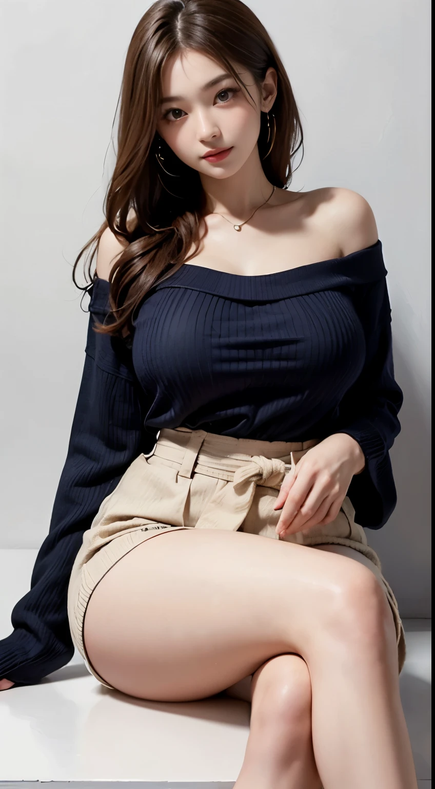 (highest quality, masterpiece:1.2), white background, (huge breasts:1.5), realistic, big breasts, (垂れ下がったhuge breasts:1,5), thin waist, long legs, thick thighs, Fair skin, rosy cheeks, porcelain skin, (Crew neck, Closed neckline, knit sweater:1.2), brown hair, Big eyes, Beautiful woman, smile, eyelash, highly detailed face, sitting, japanese goddess, japanese actress, japanese model,