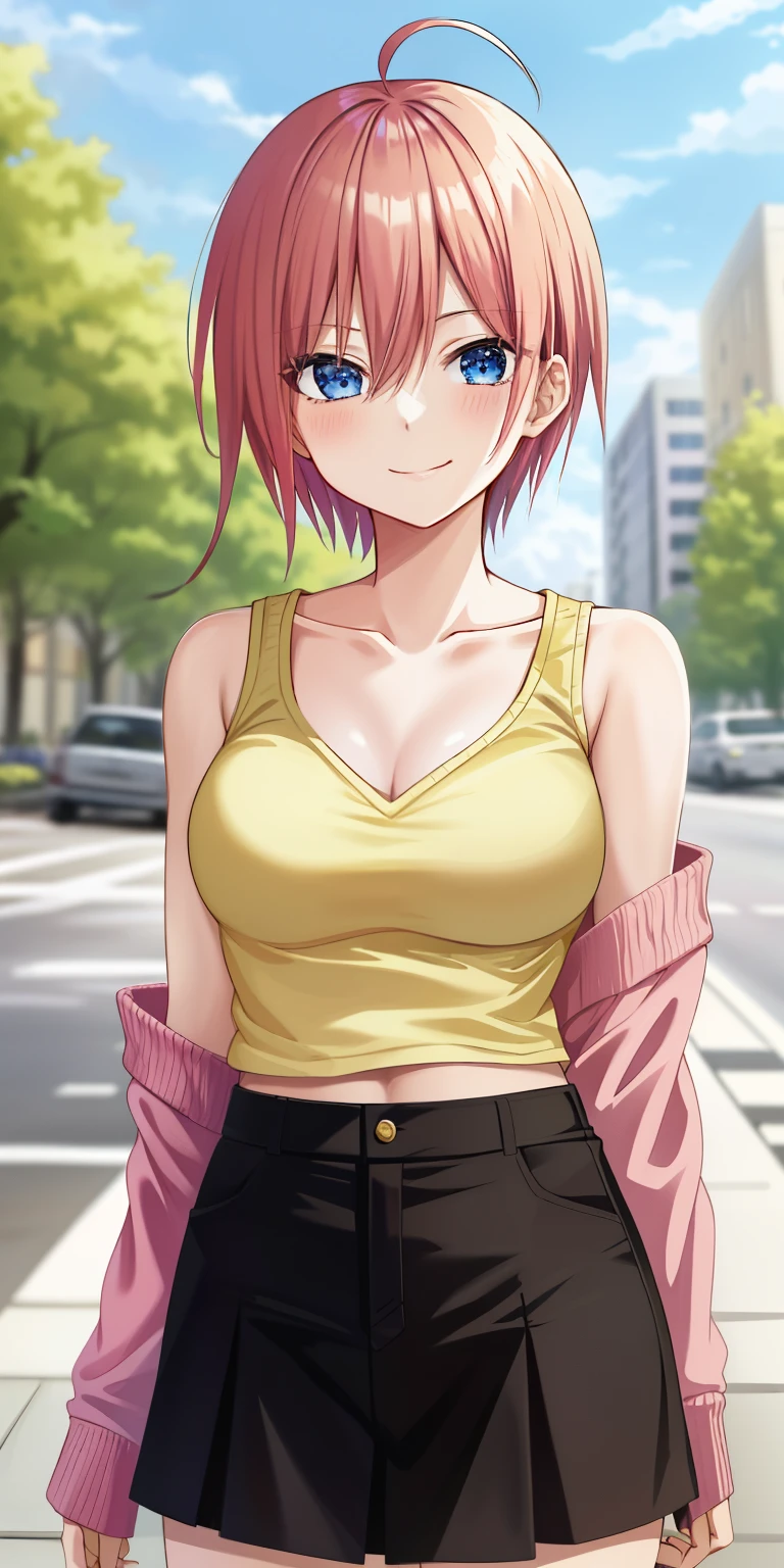 2D, masterpiece, highest quality, anime, very detailed, 1 girl, alone, cowboy shot, 中野city花, pink hair, short hair, yellow sweater, off shoulder sweater, clavicle, long sleeve, (black bra), medium breasts, smile, outdoor, city