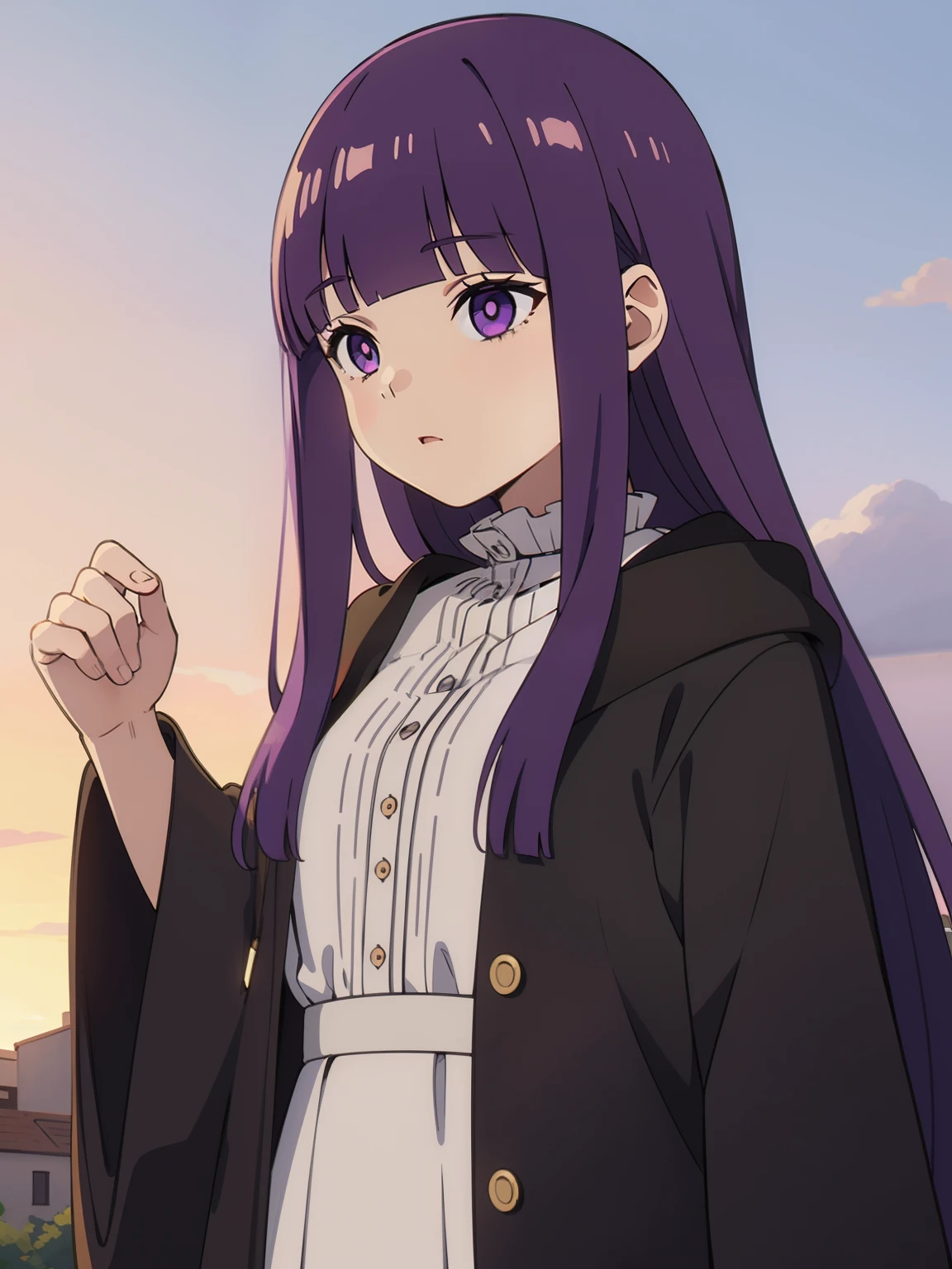 1girl, fern, purple hair, (blunt bangs:1.2), long hair, half body shot, frilled collar, black robe, white dress, center frills, buttons, wide sleeves, long sleeves, town