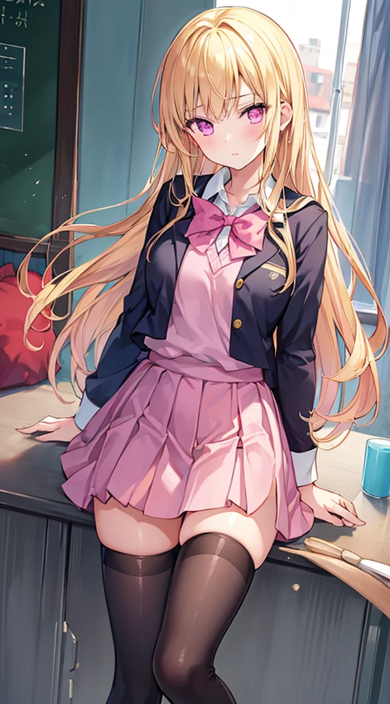(((Spread your legs)))、Uniform Blazer、Beautiful beauty、Long golden hair、((whole body))、(((Photo taken from below)))、school gate、Big Breastini skirt、Panties are pink lace、Japanese、tall、