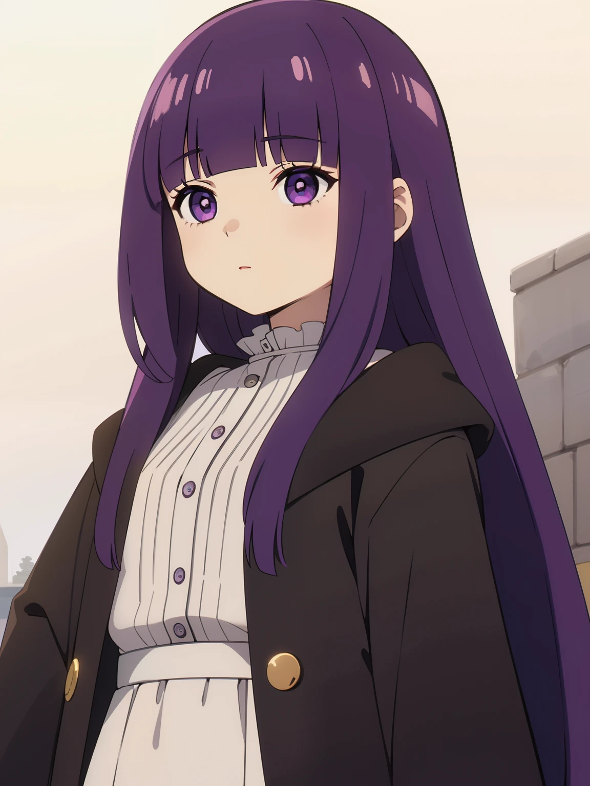 1girl, fern, purple hair, (blunt bangs:1.2), long hair, half body shot, frilled collar, black robe, white dress, center frills, buttons, wide sleeves, long sleeves, town